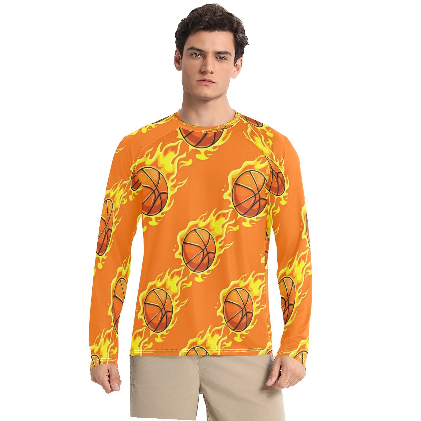 Basketballs with Flames Men's Sun Protection Shirts UPF 50+ Long Sleeve UV Rash Guard Quick Dry Swim Shirts-image-24