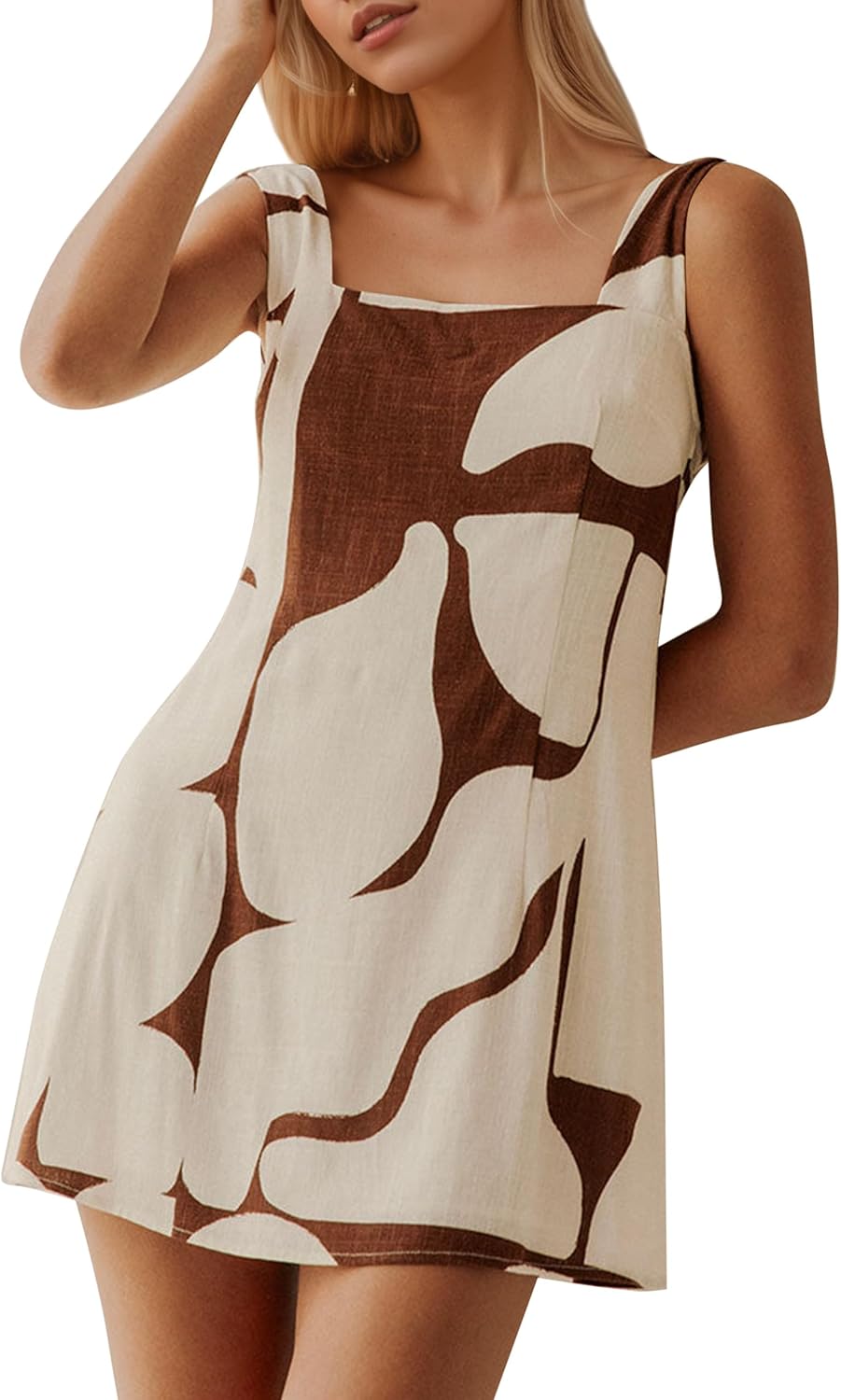 MISSACTIVER Women Sleeveless Mini Dress Print Backless Square Neck Tank Dress Boho Vacation Sundress Shift Dresses