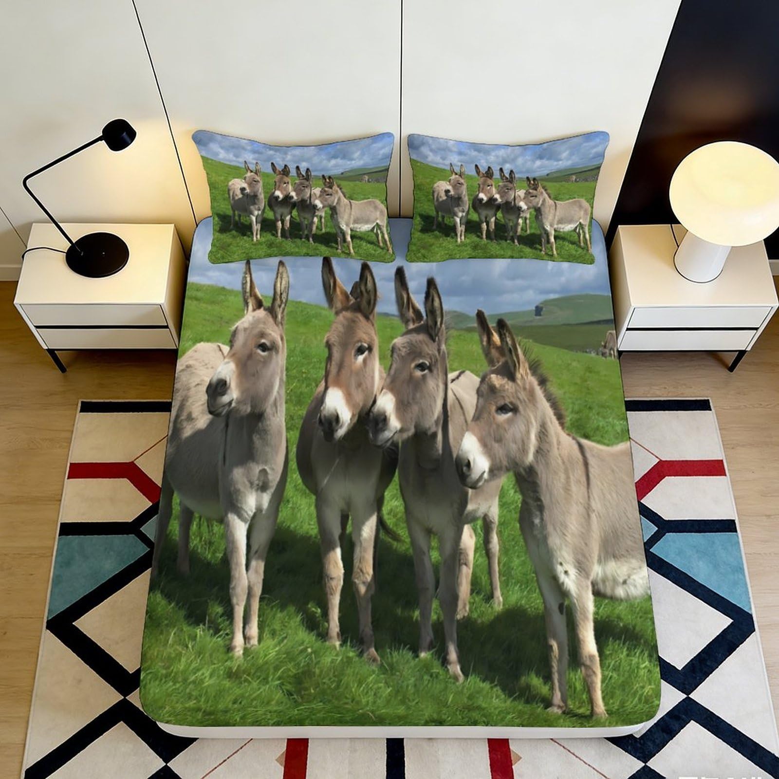 3D Printed Donkey Meadow Fitted Sheet Microfiber Soft Green Pasture Bed Cover for Bedroom Guest Room Decor 90x200x25cm