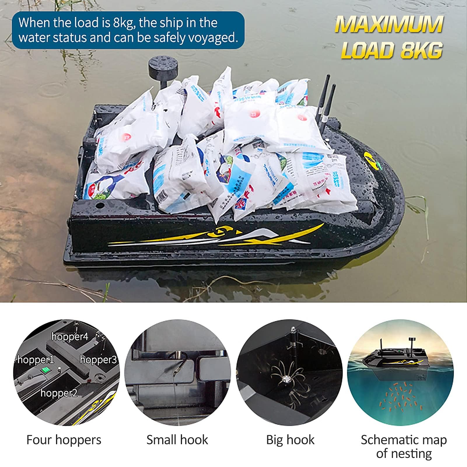 Barco de cebo con control remoto GPS con buscador de peces, capacidad de carga de 8 kg, alcance de 600 m, alimentador automático de cebo para pesca en el mar, barco de cebo de pesca inteligente