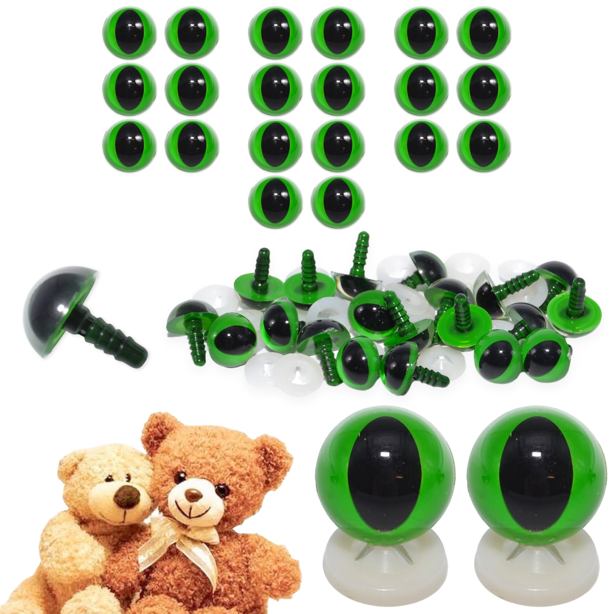 celloexpress 15mm Green Cats Eyes with Plastic Backs - Safety Eyes for Soft Toy Teddy Bear Animal Making (Pack of 10 Pairs)