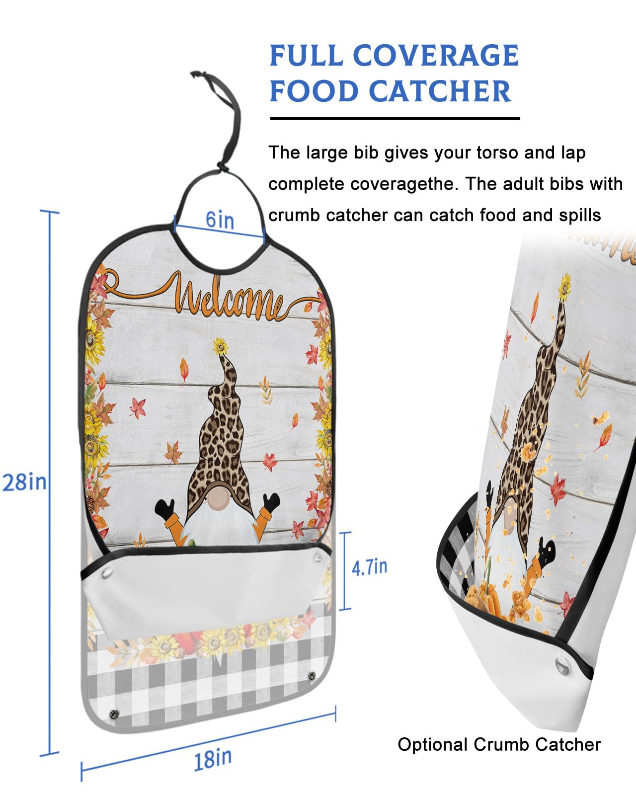 Thanksgiving Gnomes Adult Bibs for Eating, Waterproof Bibs with Food Catcher & Adjustable Snap Closure, Rustic Fallen Leaves Black Plaid Washable Clothing Protectors Adult Bibs for Elderly Women/Men