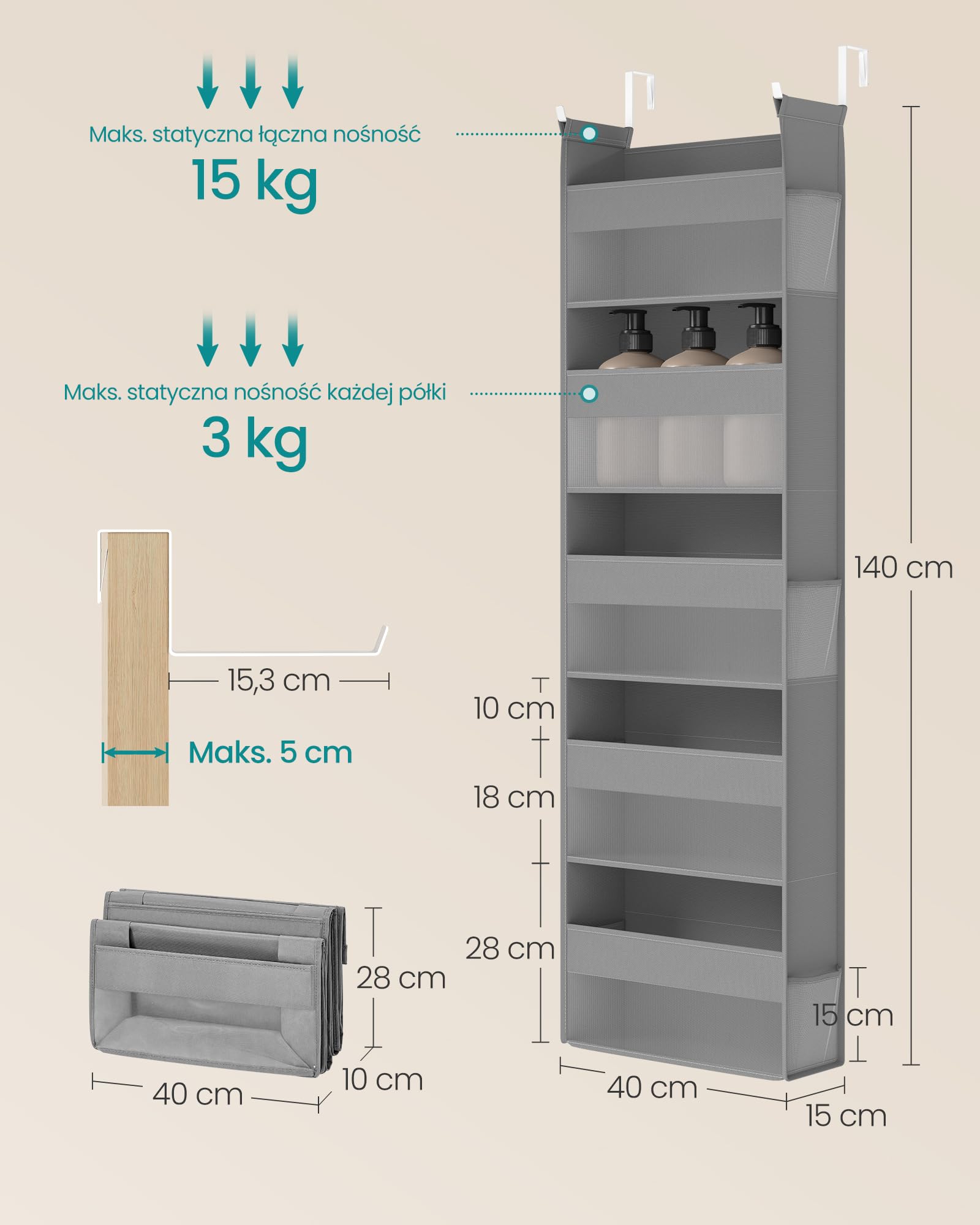 SONGMICS Wiszący regał magazynowy, Wisząca półka, Regał magazynowy na drzwi, Materiałowy regał drzwiowy, Przezroczysta siatka nylonowa, Metalowe haki, Kieszenie boczne, Gołębia szarość RDH007G01
