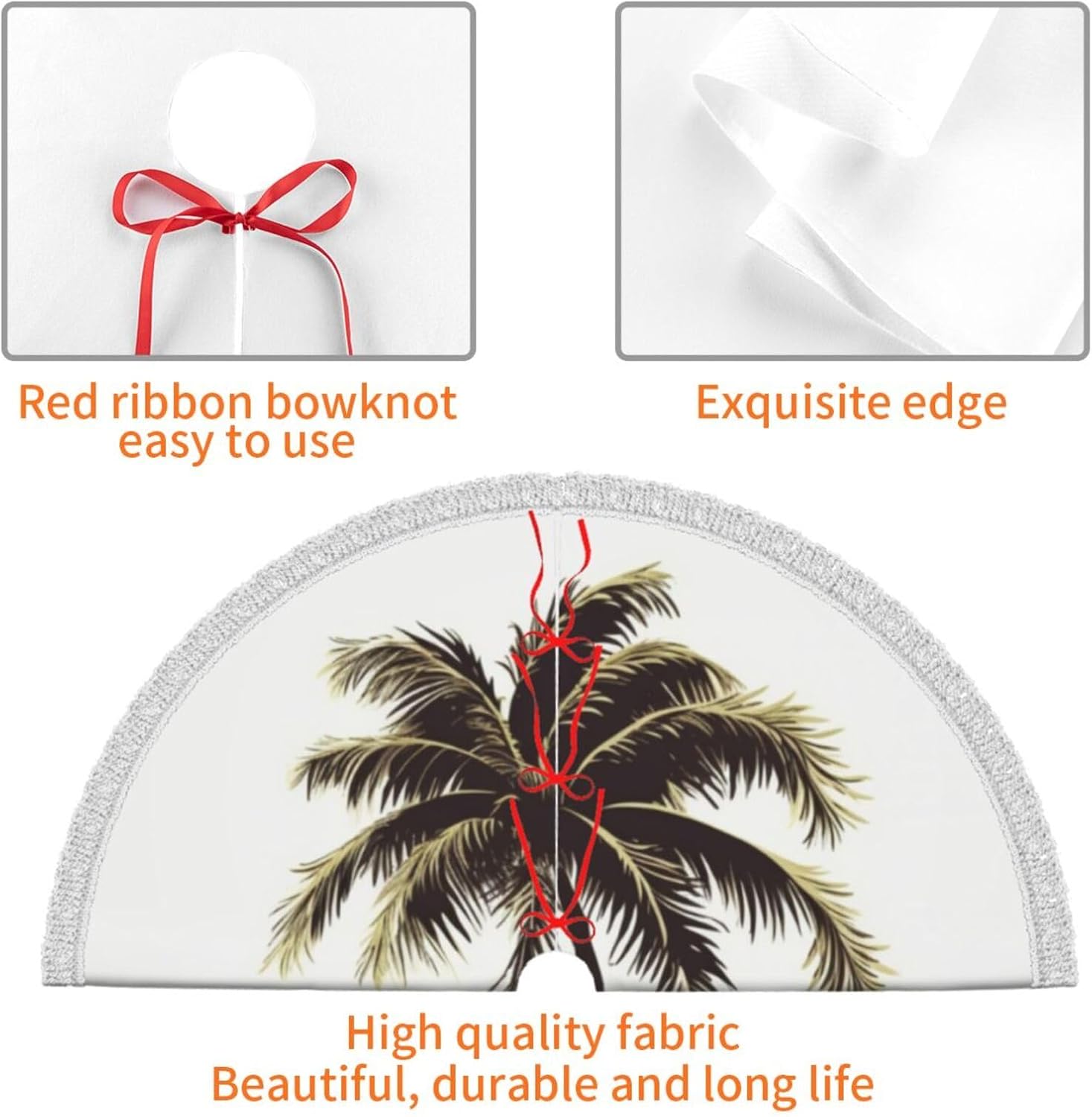 Palm Tree Christmas Tree Skirt with Tassel Soft Plush Christmas Tree Cover Mat Vintage Xmas Tree Skirts for Merry Christmas Tree Decorations