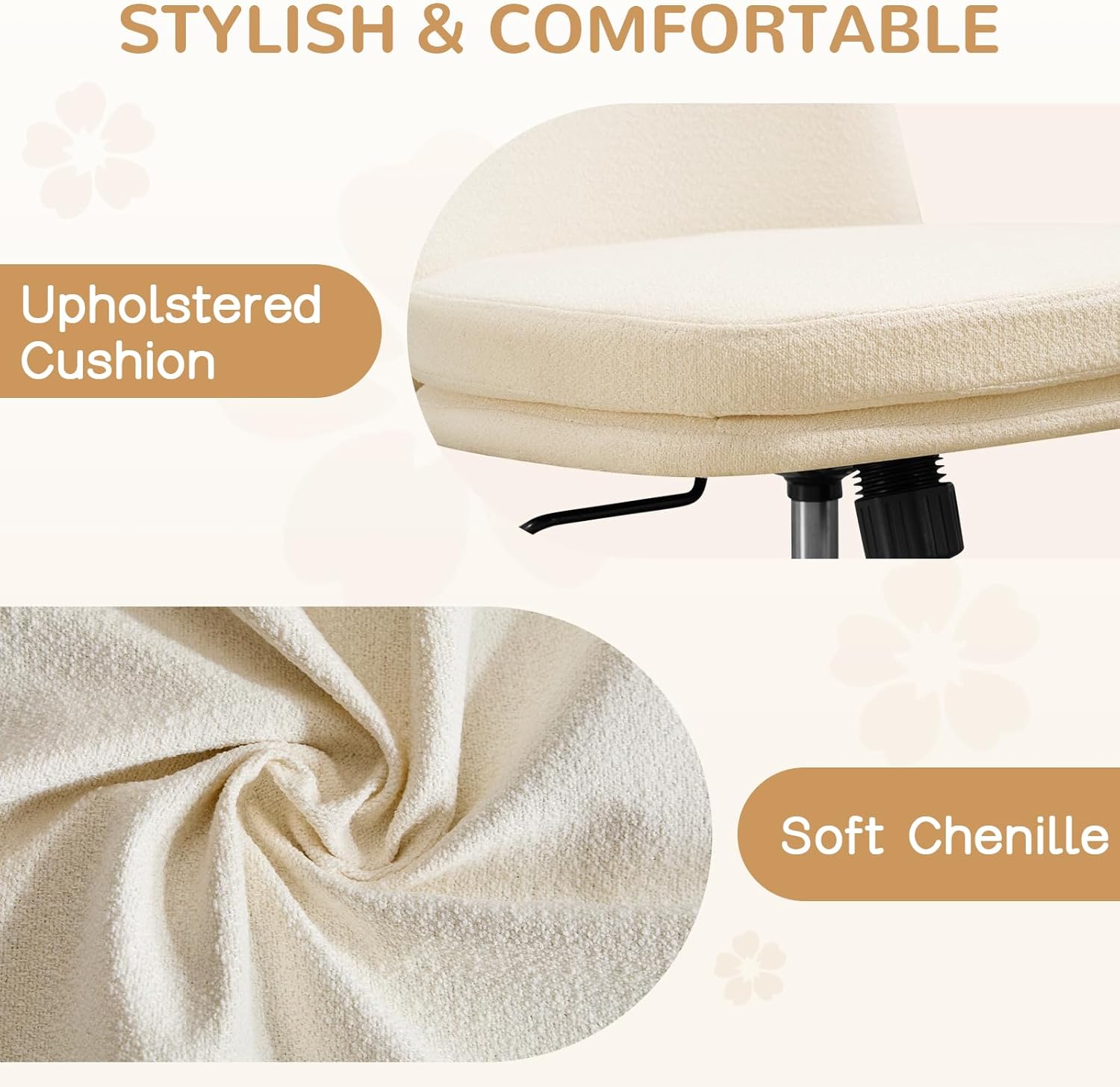 Furniliving Chenille Desk Chair, Armless Adjustable Swivel Office Chair with Wheels, Upholstered Thick Double-Layer Cushion Vanity Chair for Bedroom Home Office, White
