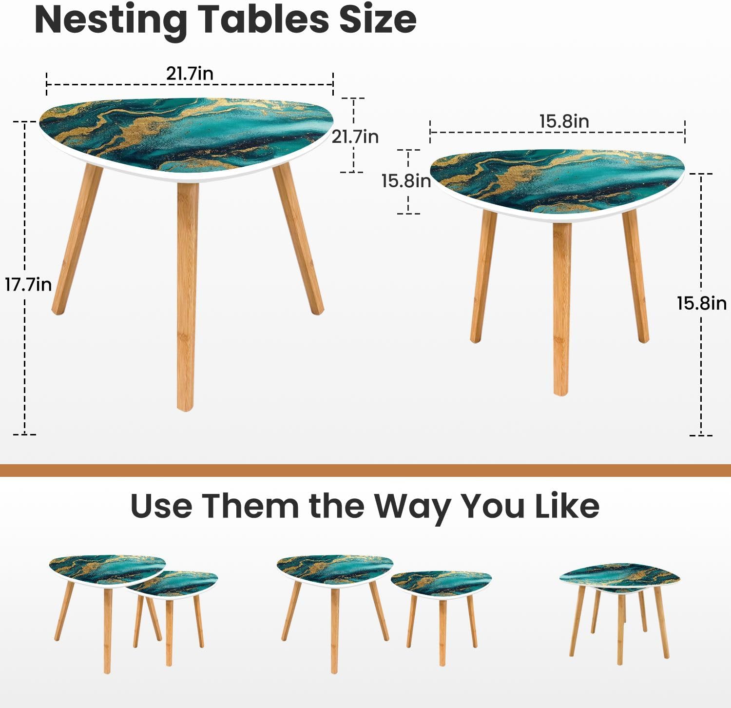 Nesting Coffee Table Set of 2 Marble Abstract Acrylic Nature Blue marbling Artwork Triangle End Table Living Room Couch Side Tables for Bedroom Balcony Yard Renter Friendly Decor