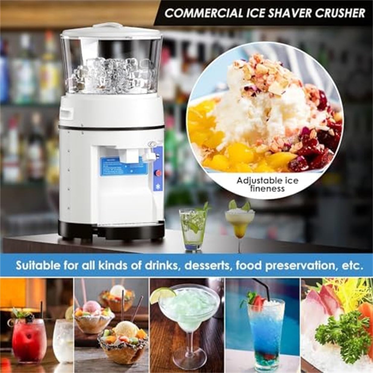 Broyeur à glace, 350 W, machine à glace pilée de table de 480 kg/h avec capacité de 11 L pour cocktails, smoothies, boissons et autres friandises glacées