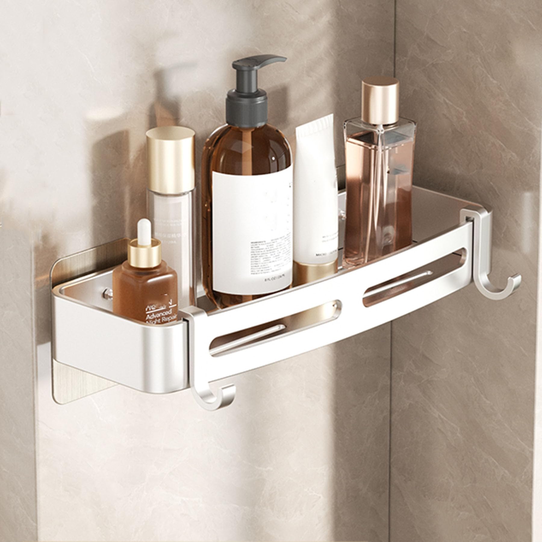 SRURLLUG Shower Caddy Bathroom Shelve Adhesive Shower Caddy Organizer Shelves Rack With Hooks No Drilling Rustproof Wall Mounted