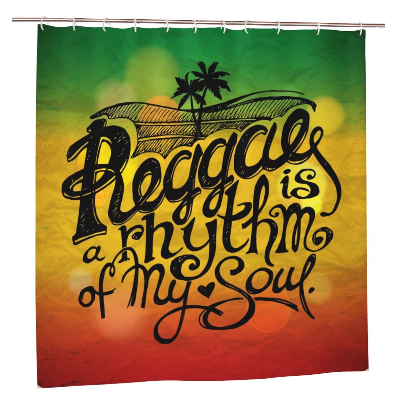 Oudrspo Polyester Fabric Shower Curtain - 70x70 Inch with Metal Grommets, Artistic Privacy Design, Placard Green Rasta Reggae Rhythm My Soul Motivating Red Jamaica Music