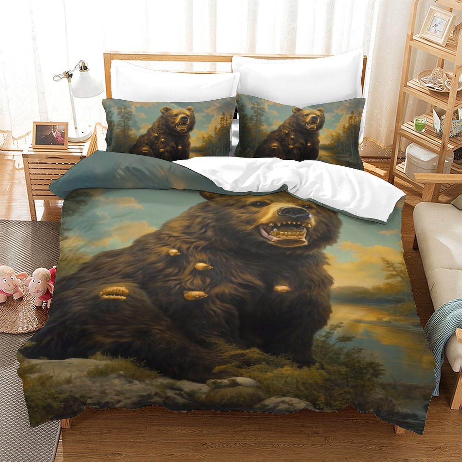Housse de couette ours 3D parure de lit anti-glisse avec zip pour enfants et ados