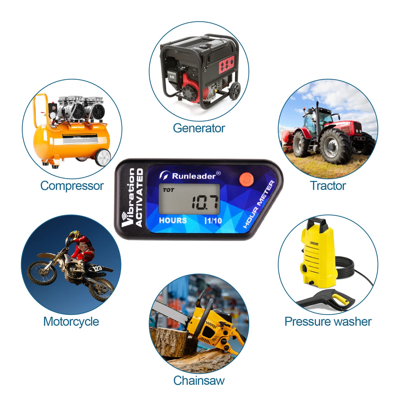 Runleader Indicatore delle ore di vibrazione autoalimentato, promemoria di manutenzione, spegnimento del blocco utente per motore a gas/diesel, funziona su trattore da giardino