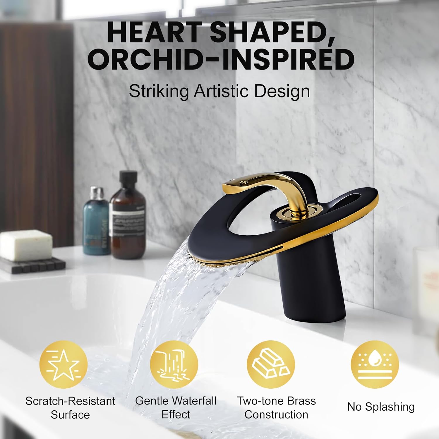 Black Gold Waterfall Sink Single Hole Vanity 1 Handle Brass Modern Unique Bathroom Faucets, 2 Tone Single Lever Copper Swan Style Vessel Hollow Faucet with Deck Plate for 3 Hole - Image 4