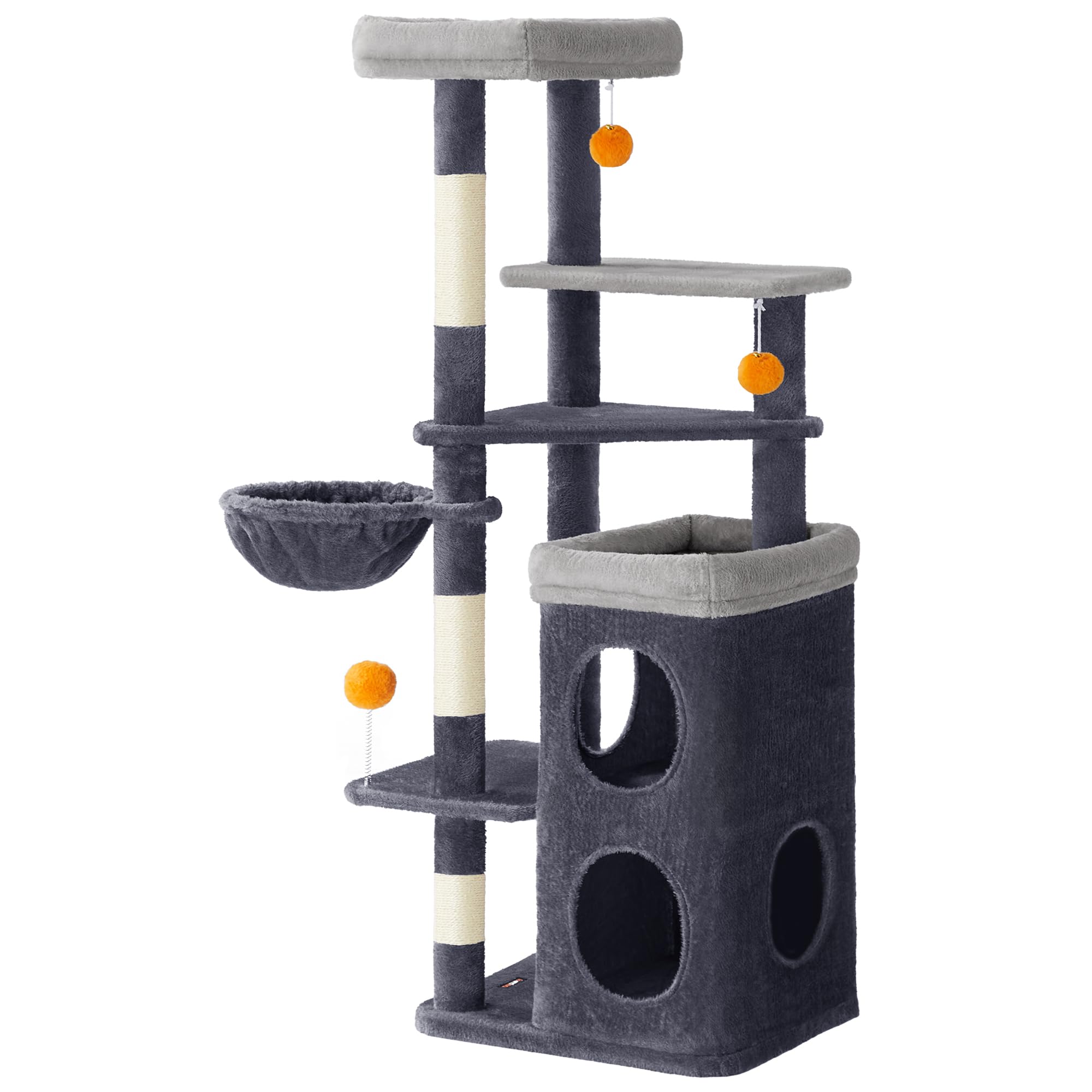 Feandrea Tall Cat Tree, Multiple-Level Cat Tower with 2 Caves, Basket, 3 Scratching Posts, 3 Perches, Dark Grey PCT007G02