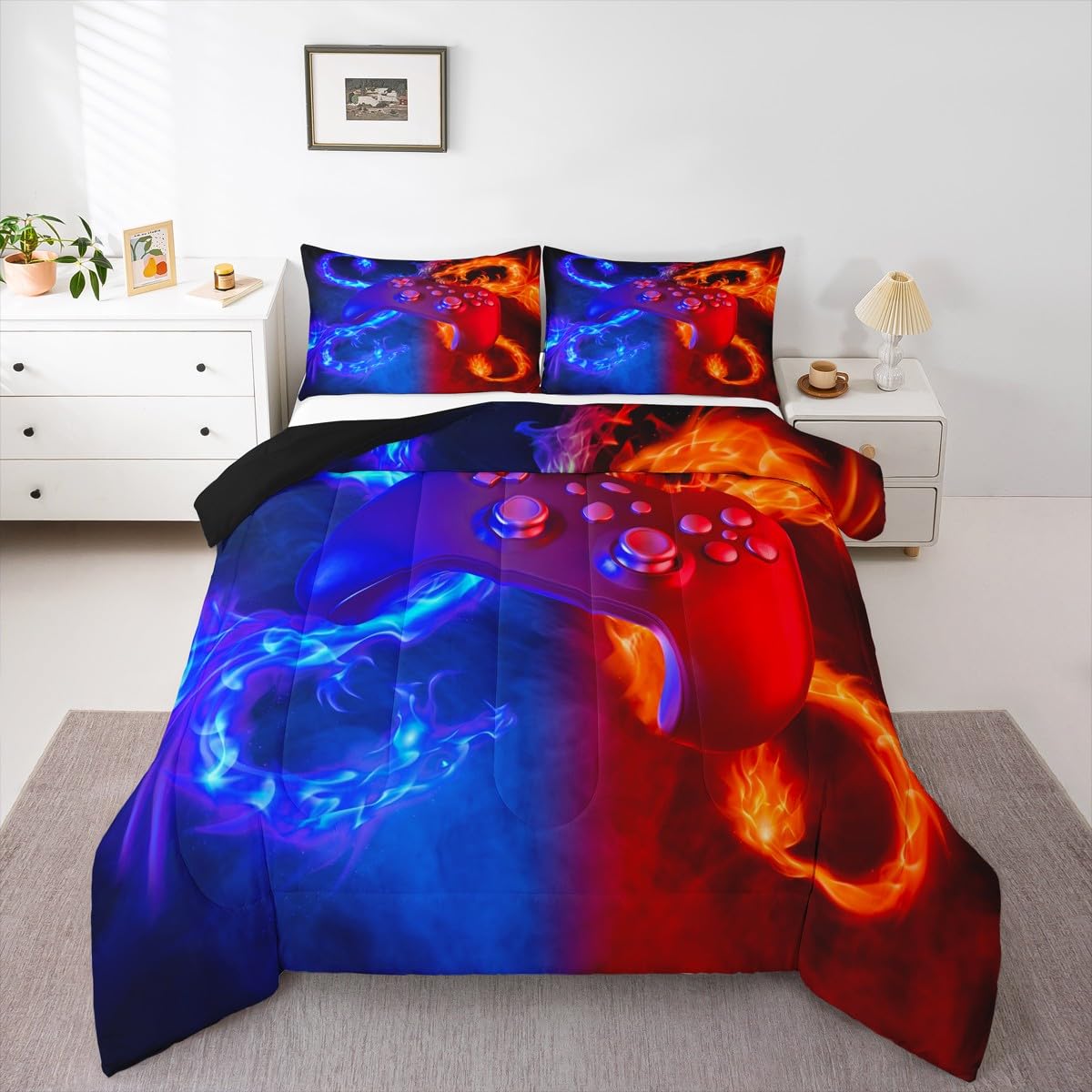 Gamer themed comforter set with blue red gaming gamepad and dragon design | Mubboo