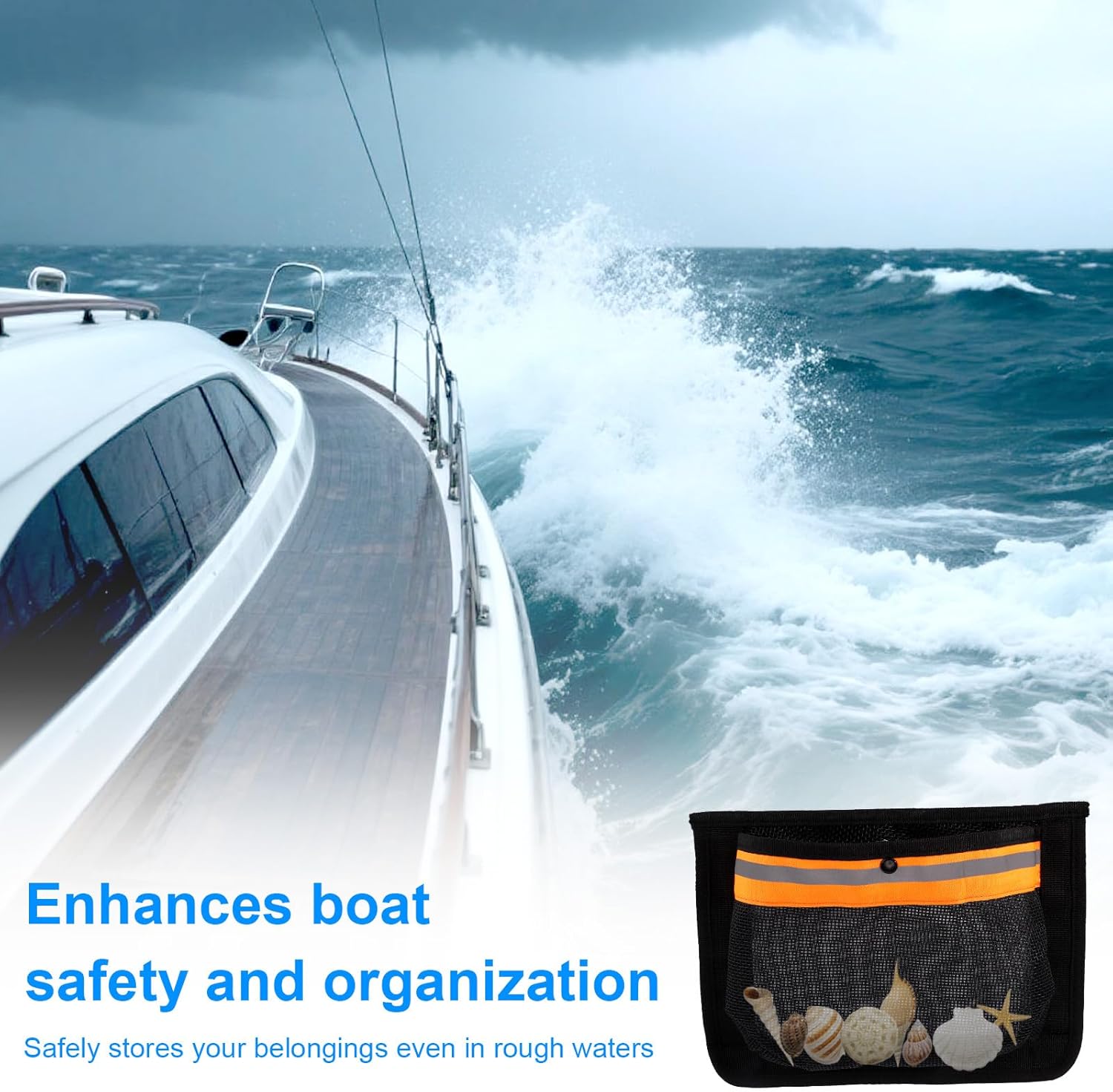 2pcs Self-Adhesive Boat Storage Mesh Bags, 10.24x7.28in Waterproof Marine Organizer for Tools Gear Accessories Strong Sticky Backing for Center Console Cabin Deck