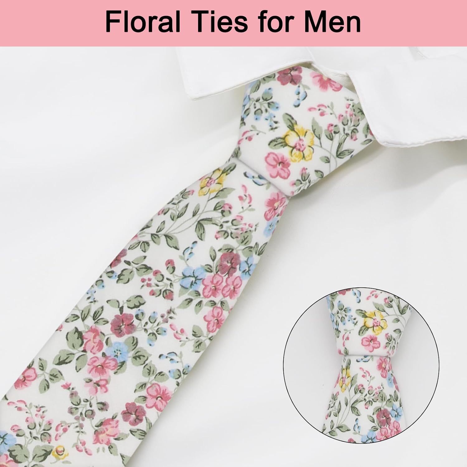 Flora Mens Ties, Cotton Skinny Ties for Men 2.75" Wildflower Men's Necktie for Wedding Groomsmen Graduation Banquet