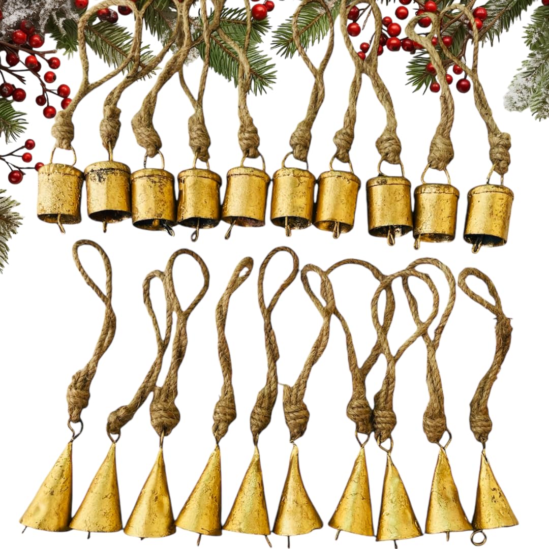 Mie Creations Set of 20 Rustic Vintage Tin Bells, Handmade Christmas Bells on Jute Rope, Decorative Christmas Tree Ornaments, 2inch Jingle Bells for Crafts, Metal Hanging Wreath Cowbells- Antique Gold