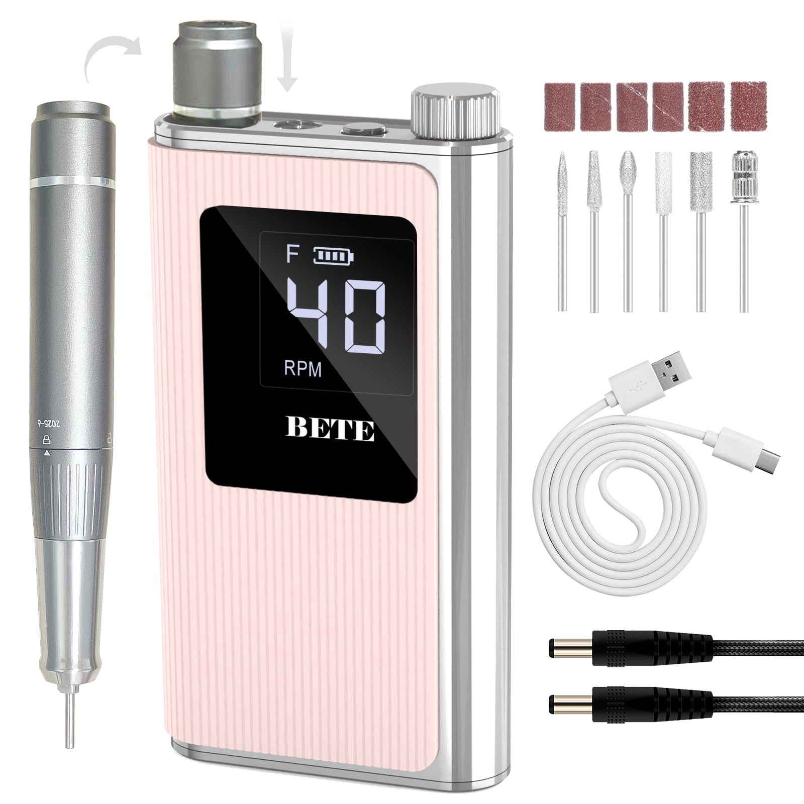 BETE Professioneller Nagelbohrer mit bürstenlosem Motor, 40.000 U/min, kabellos, elektrisch, Nagelfeilen-Set mit 6 Bits, wiederaufladbares Efile für Acrylgelnägel, Maniküre-Werkzeuge für den