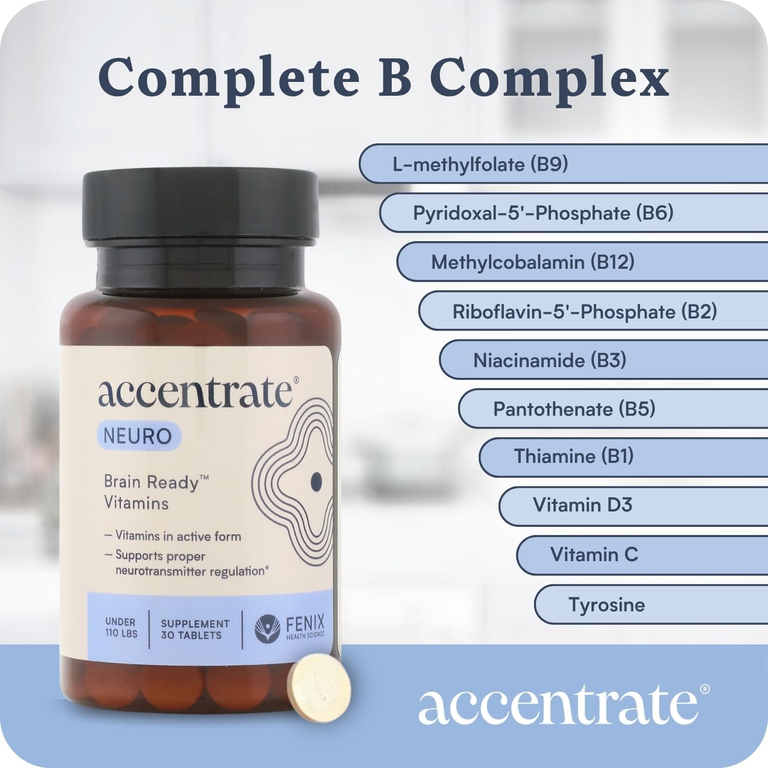 Accentrate Brain Supplement for Focus, Attention, Mood | Complete Vitamin B Complex | Brain Health | Methylated Multivitamin w/L-Methylfolate (5-MTHF), Cofactors Methyl-B12 & P5P | MTHFR Supplement