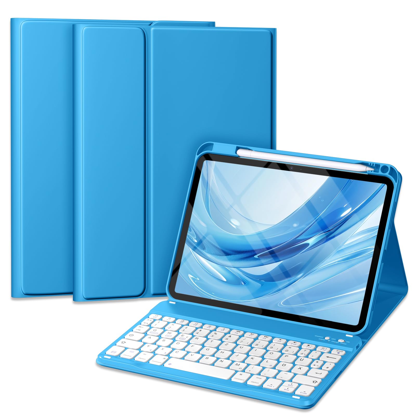 Vobafe Hülle mit Tastatur für iPad A16 11/10 Generation (2025/2022, 10,9/11 Zoll), Magnetisch Abnehmbare Bluetooth Tastatur mit Aktualisierte Tastenkappe, mit Stifthalter, Himmelblau