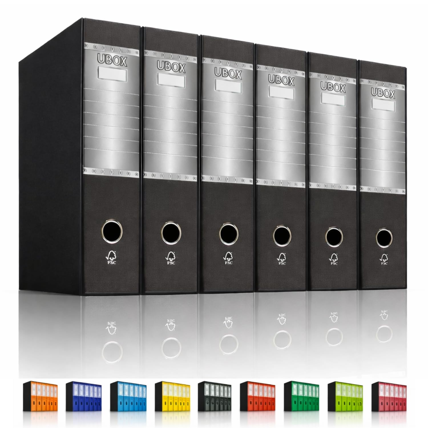 LogicaShop UBOX 6 Raccoglitori ad Anelli A4 Dorso 8 con Custodia Cartone, Formato Protocollo, Registratore con Meccanismo a Leva D, Raccoglitore con Scatola, Faldone Universale (Nero)