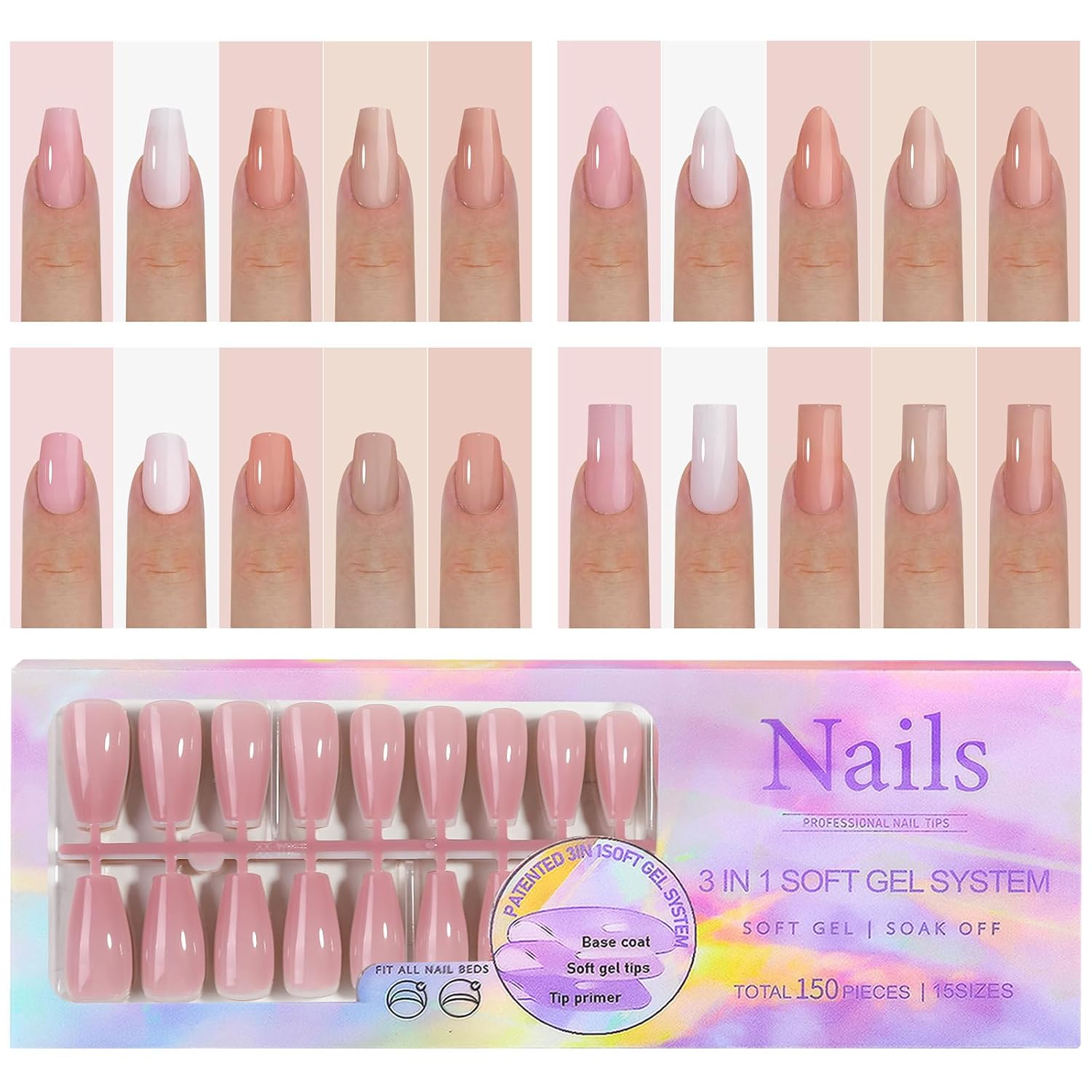 150pcs French Gel Nail Tips - Skin Tones Nude Press On Nails, Extra Short Almond Shape, Pre-Colored Soft Gel, Reusable False Nails In 15 Sizes, Soak Off Extensions