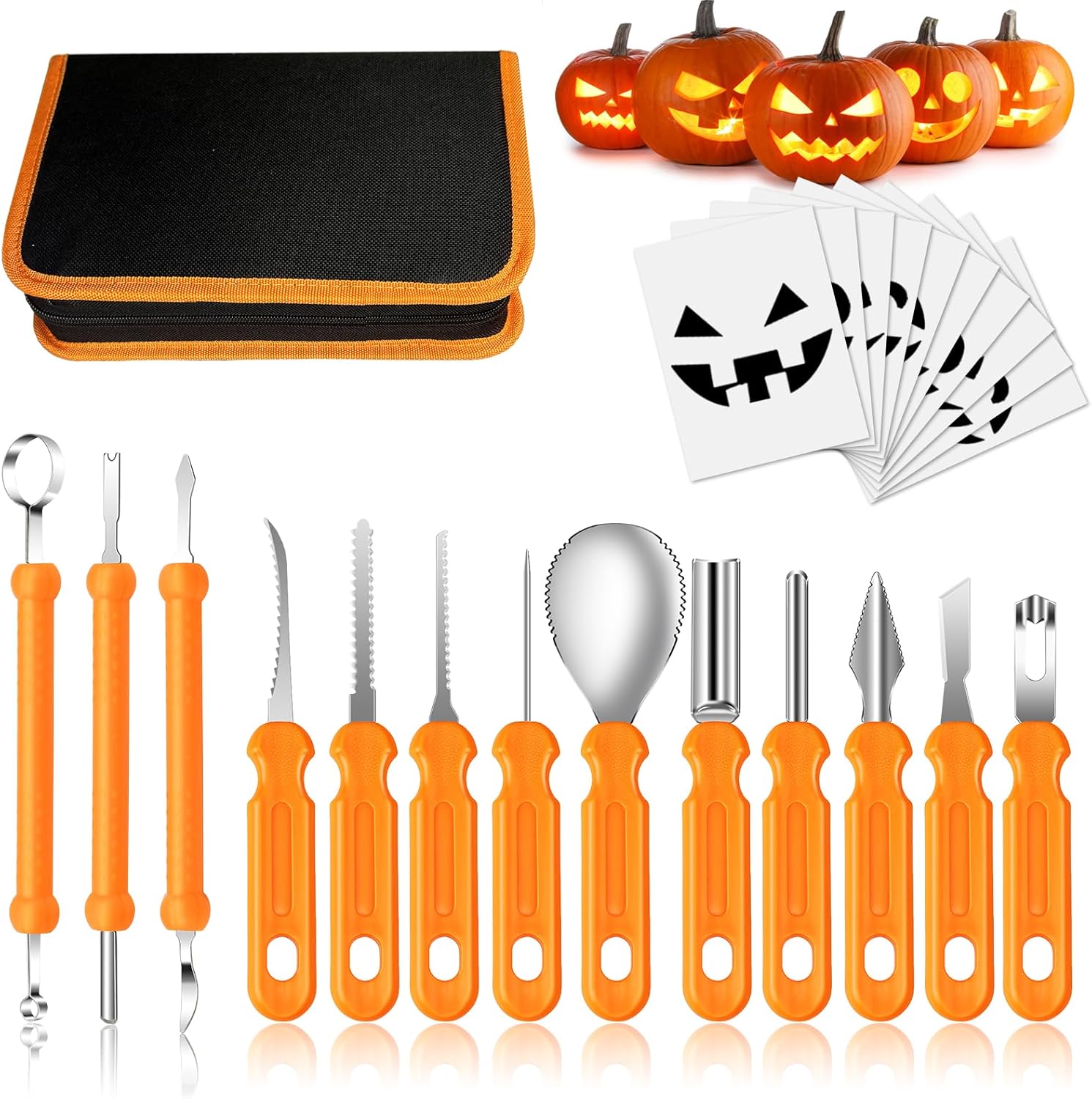 Mengine Halloween Pumpkin Carving Kit, 13 Piece Set Professional Pumpkin Carving Tools Heavy Duty Stainless Steel with Stencils and Storage Bag for Halloween Pumpkin Decorative - Amazon product rated Grade B