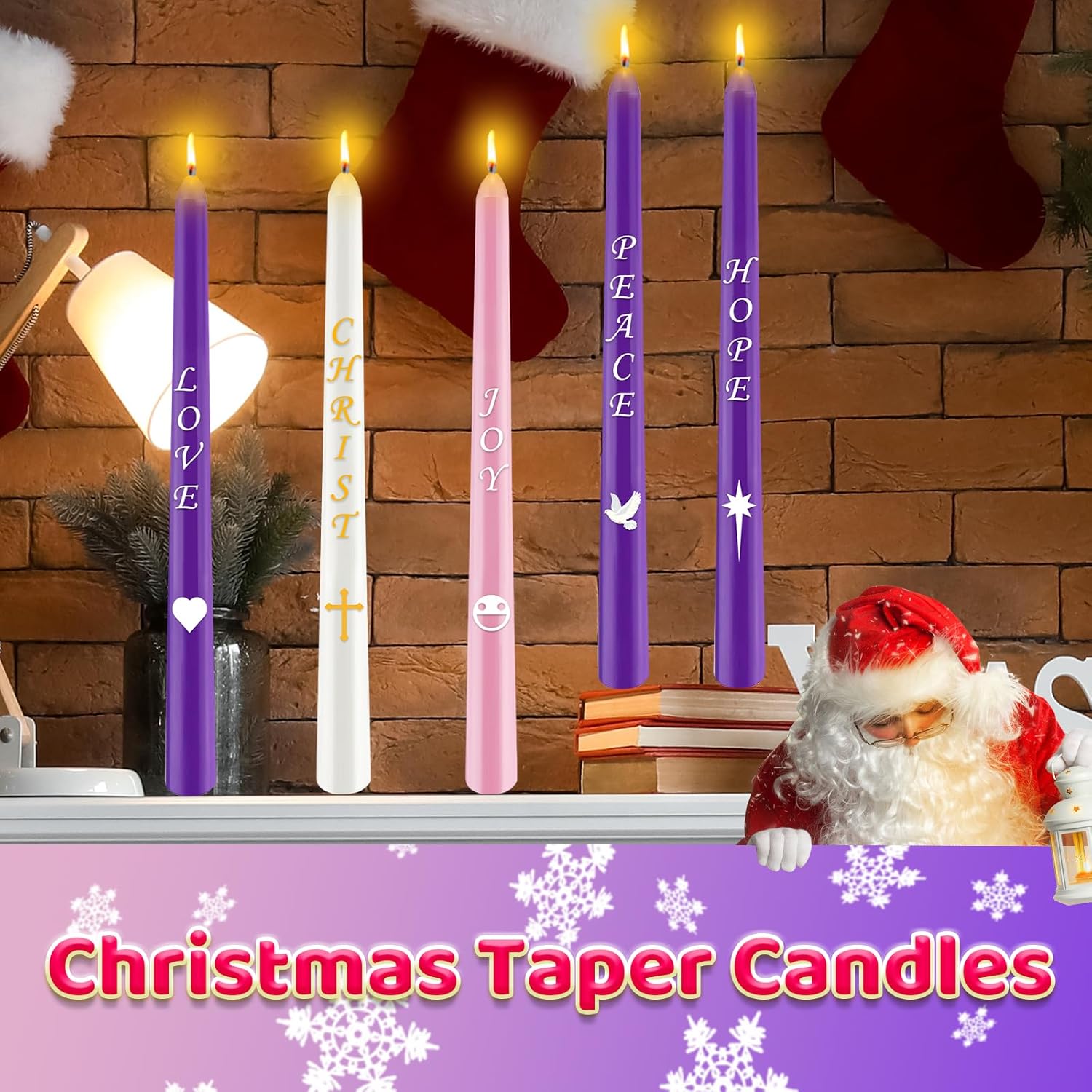 Advent Candles Set of 5, Christmas Taper Candle with Letters & Pattern, 10 Inch Dripless Seasonal Candle, Advent Wreath Nativity Candle for Holidays, Church, Devotional, Celebration, Party