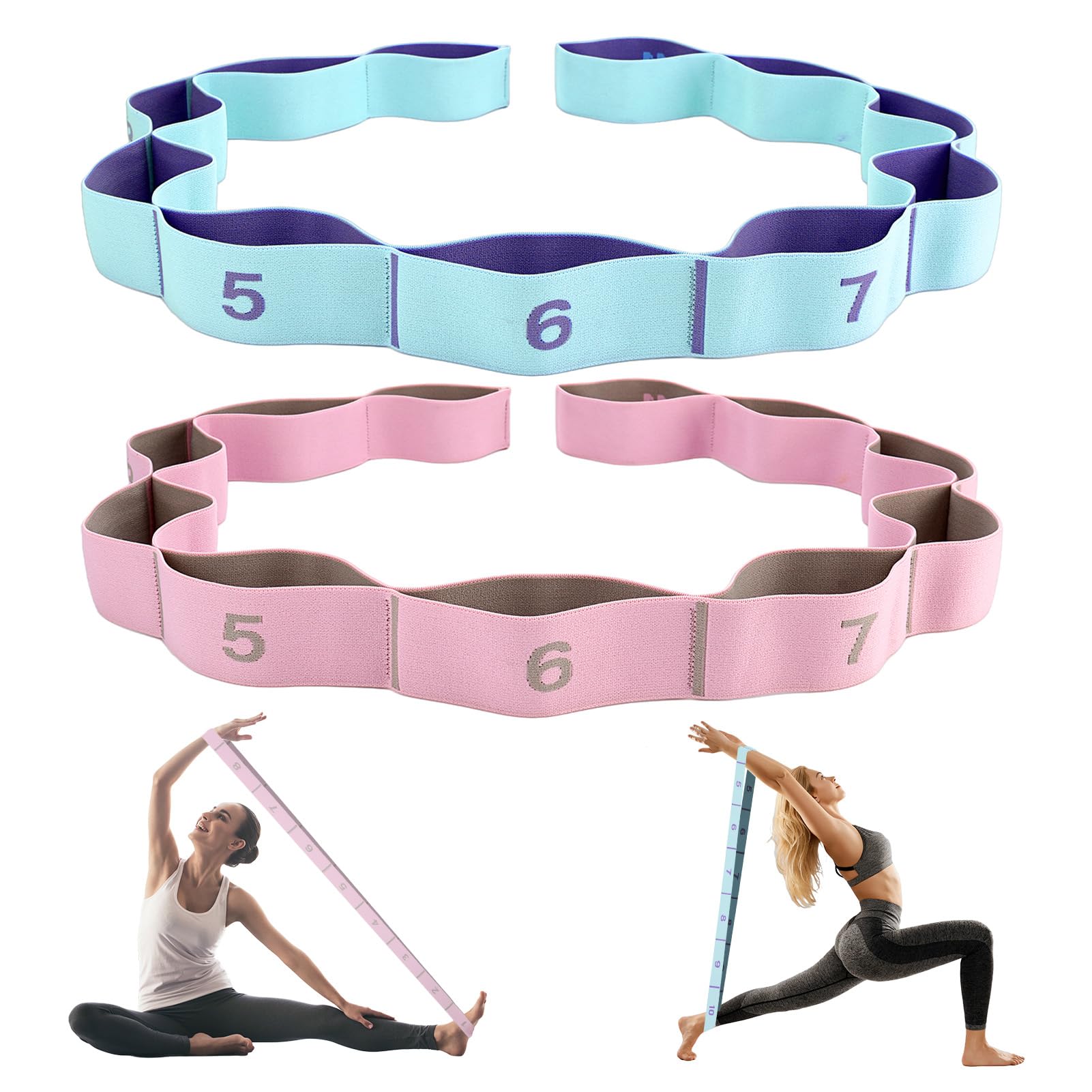 2 Pcs Stretch Straps with 11 Loops, Elastic Yoga Straps for Stretching Equipment, Leg and Hamstring Stretcher for Pilates, Yoga, Dance, Gymnastics, Fitness Resistance (Green Pink)