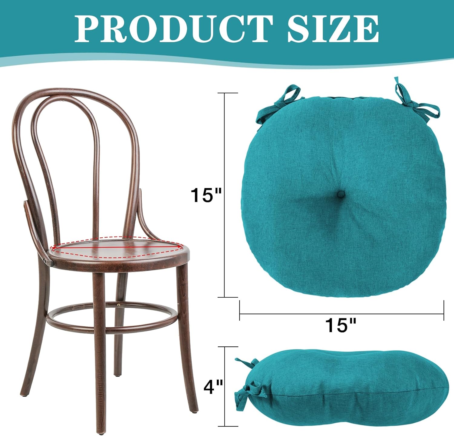 Teal Blue Bistro Chair Cushions Set of 2, Round Seat Chair Pads with Ties for Dining Room Patio