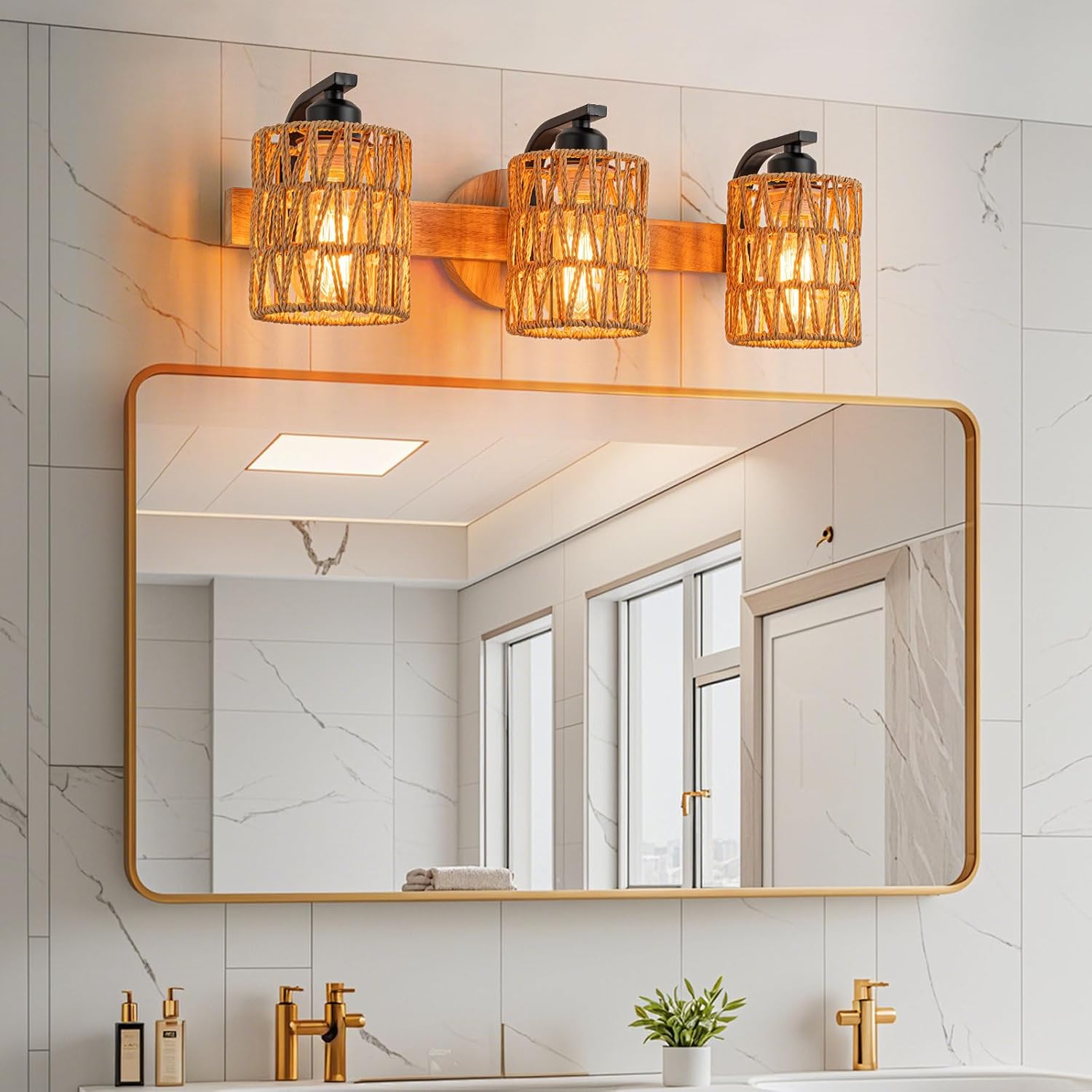 Boho Vanity Light Fixtures,Bathroom Lights Over Mirror,Rustic Rattan Wall Sconce with Woven Cage,3-Light Boho Wall Mounted Light Wooden Farmhouse Vanity Lighting for Bedroom Hallway Living Room Foyer