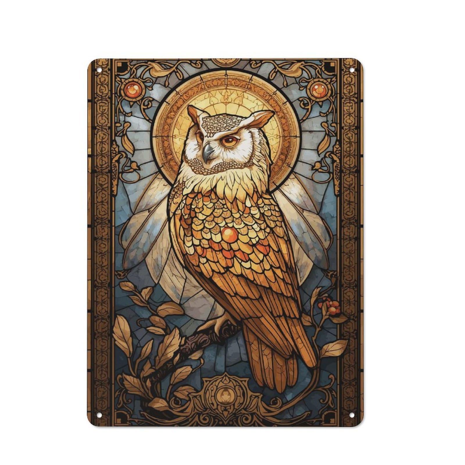 Junmoney Style-14 Garage Style Metal Wall Sign 40X30cm Featuring Owl Stained Glass, Garage Wall Decor For Garage, Hobby Room, Office Or Man Cave
