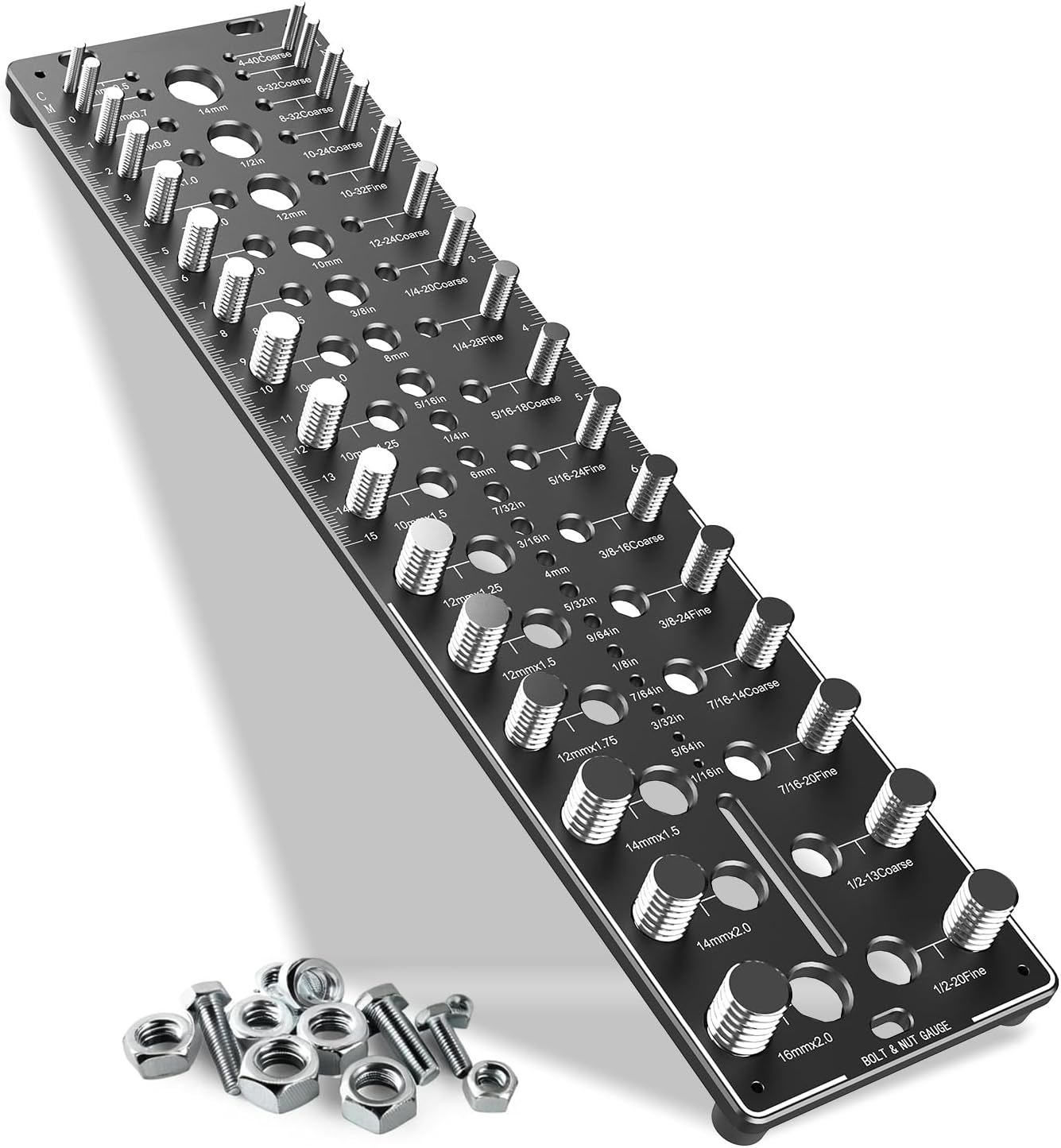 Thread Checker, 32 Nut and Bolt Thread Checker, Bolt Size and Thread Gauge 16Standard & 16 Metric, Bolt Size Finder, Wall-Mountable Bolt Thread Identifier Gauge with Inch & CM Ruler