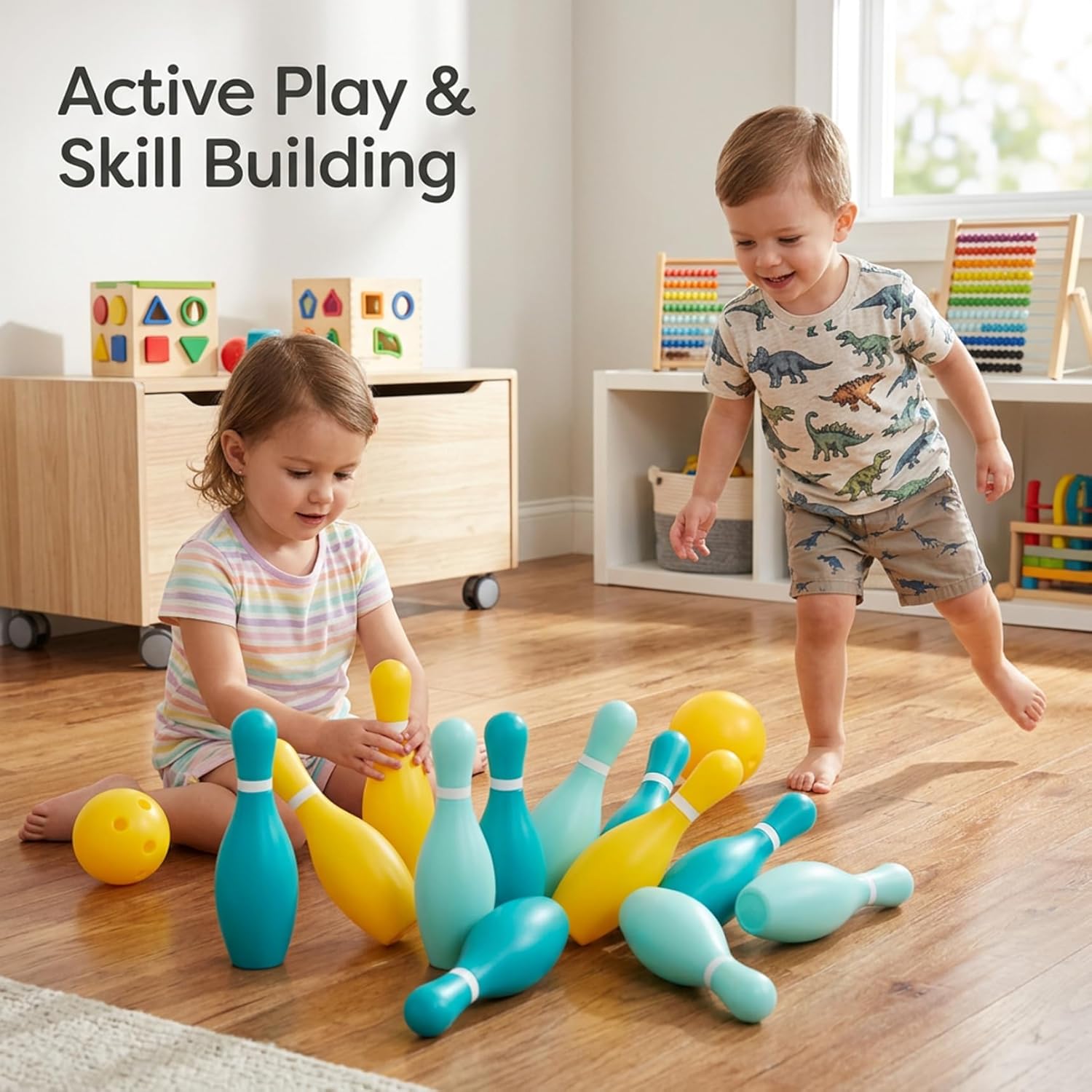 Kids Bowling Set 10 Pins & 2 Balls Indoor Outdoor Sports Toys Plastic Bowling Games for Kids with Easy-Knock Pins for Hand-Eye Coordination