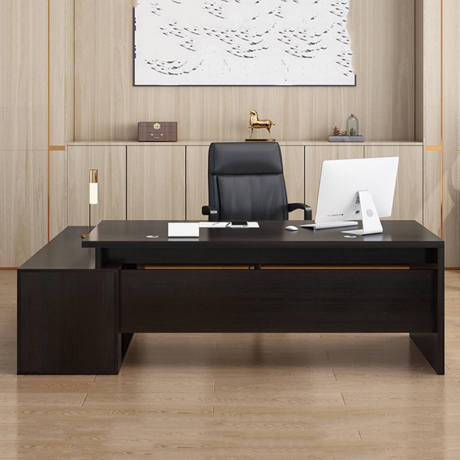 Black L Shaped Computer Desk Executive Office Desk with Lateral Cabinet Study Writing Table Business Furniture Set for CEO Boss