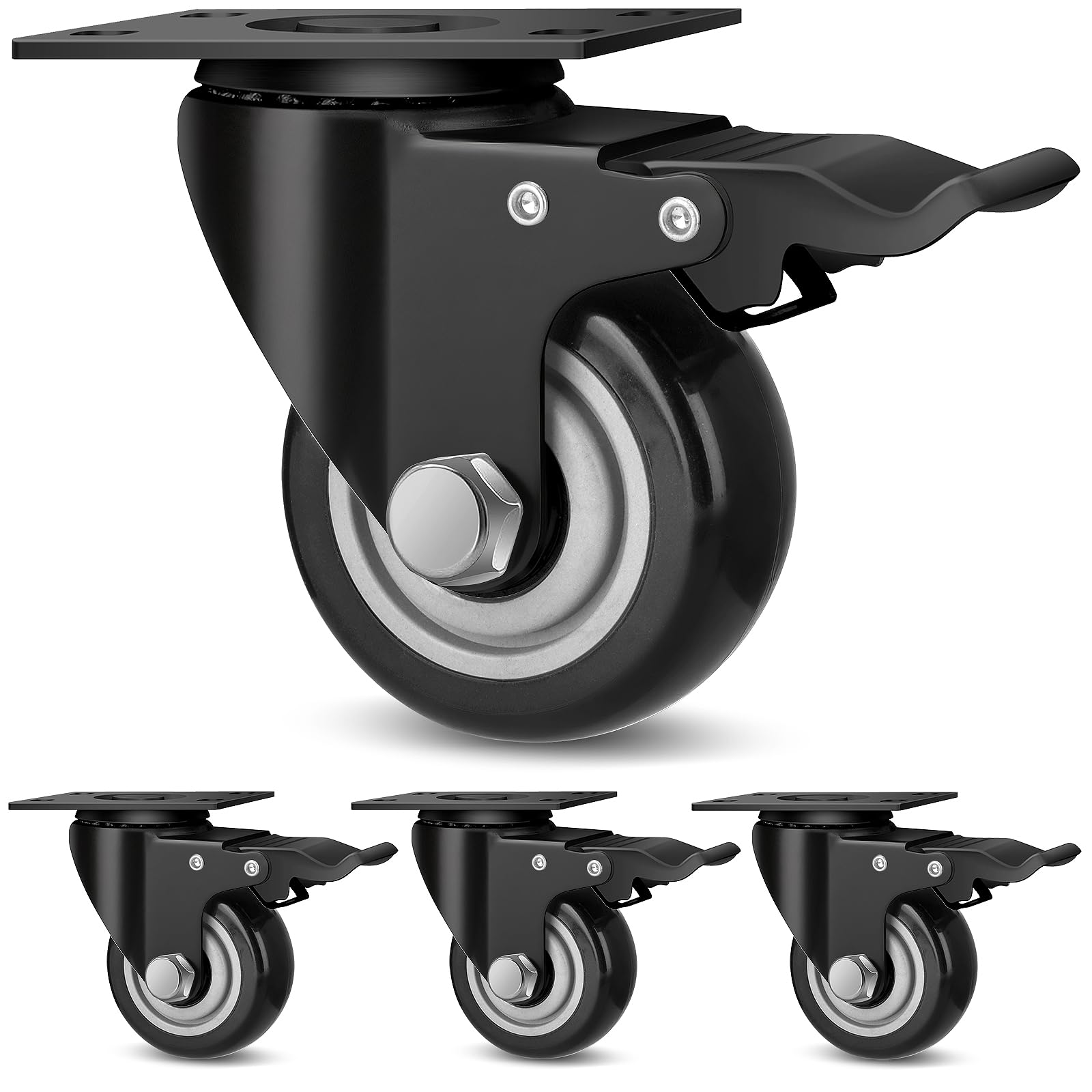TABKEER 3 Inch Industrial Heavy Duty Swivel Caster Wheels with Brake,Set of 4 Safety Locking Casters,Load 1600lbs,Premium Polyurethane Wheels for