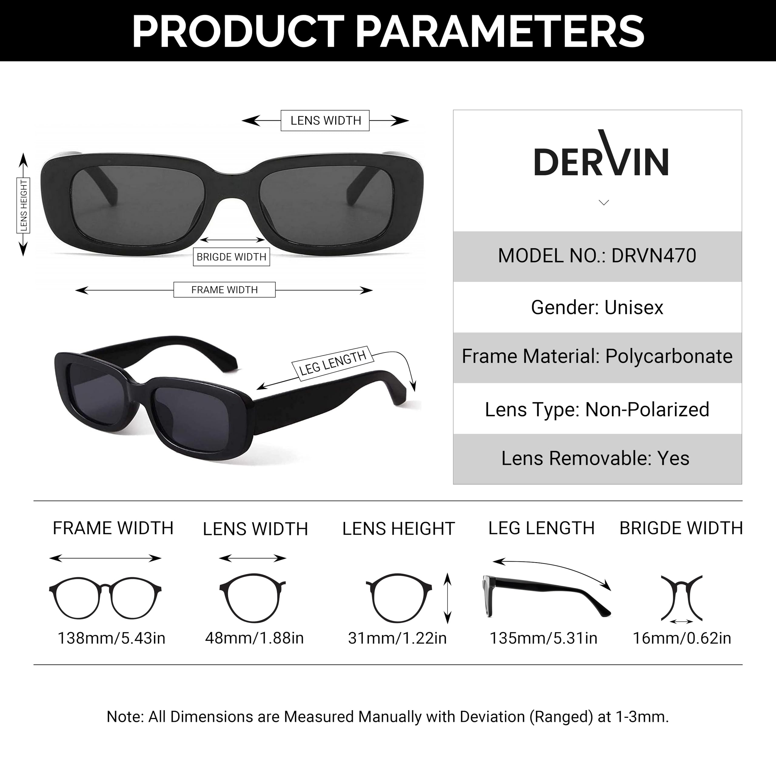 Dervin Rectanglular Sunglasses for Women Retro Driving Sunlgasses Narrow Square Frame UV400 Protection (Black) 3