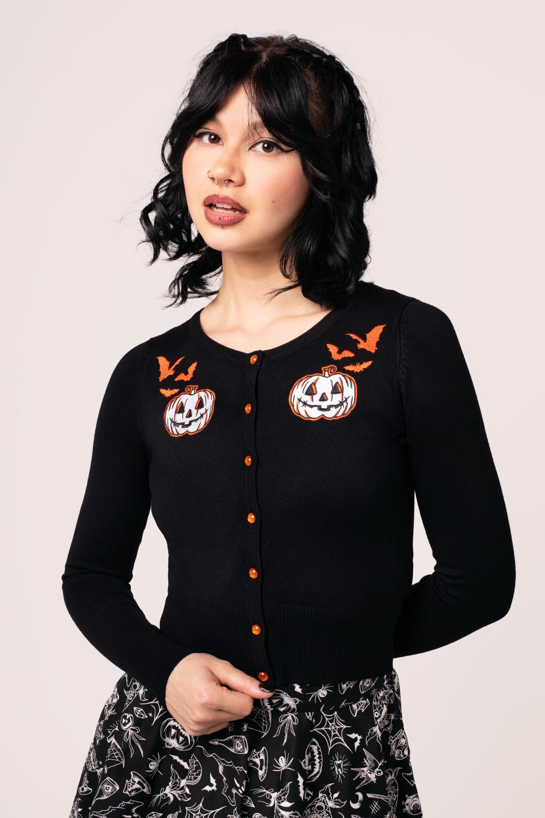 Hell Bunny Hollow Cardigan - Maglia Gotica di Halloween con Motivo a Zucca e Pipistrelli