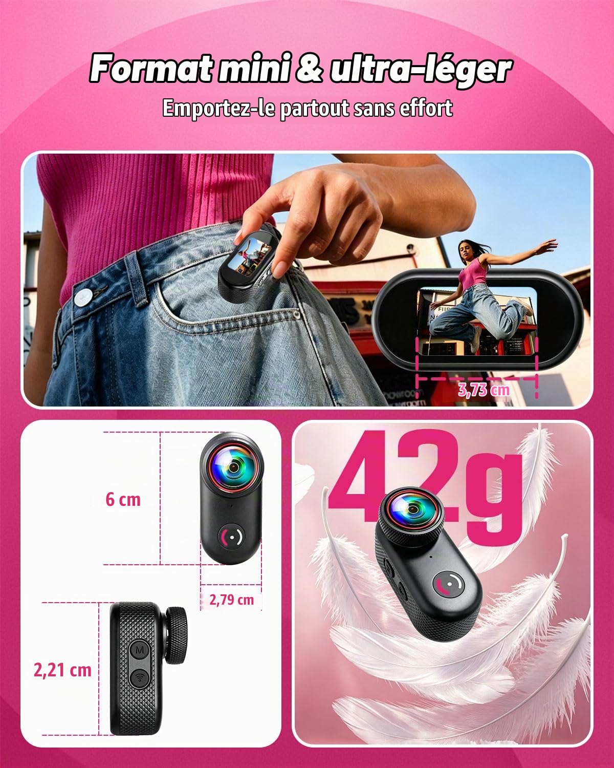Caméra Sport avec Mini Caméra Magnétique Wi-FI, Camera Vlog écran de 1,47", Clip Rotatif à 360°, Grand Angle de 150°, étanche IP65, Dashcam Moto pour Vlogging et Voyage