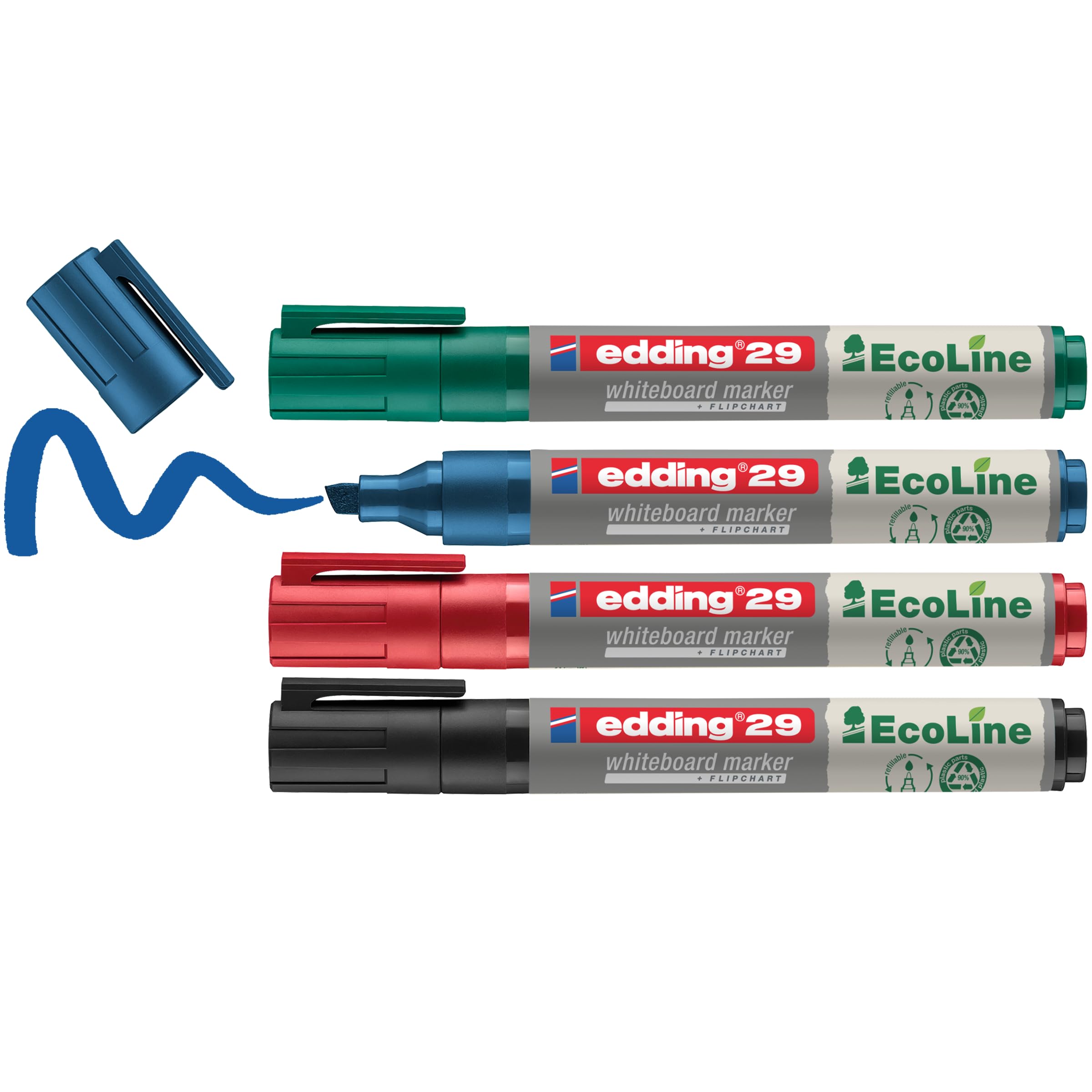 29 EcoLine whiteboard marker - black, red, blue, green - set of 4 whiteboard pens - chisel nib 1-5 mm - whiteboard pen dry wipe - for whiteboards, flipcharts, memo boards - sketchnotes