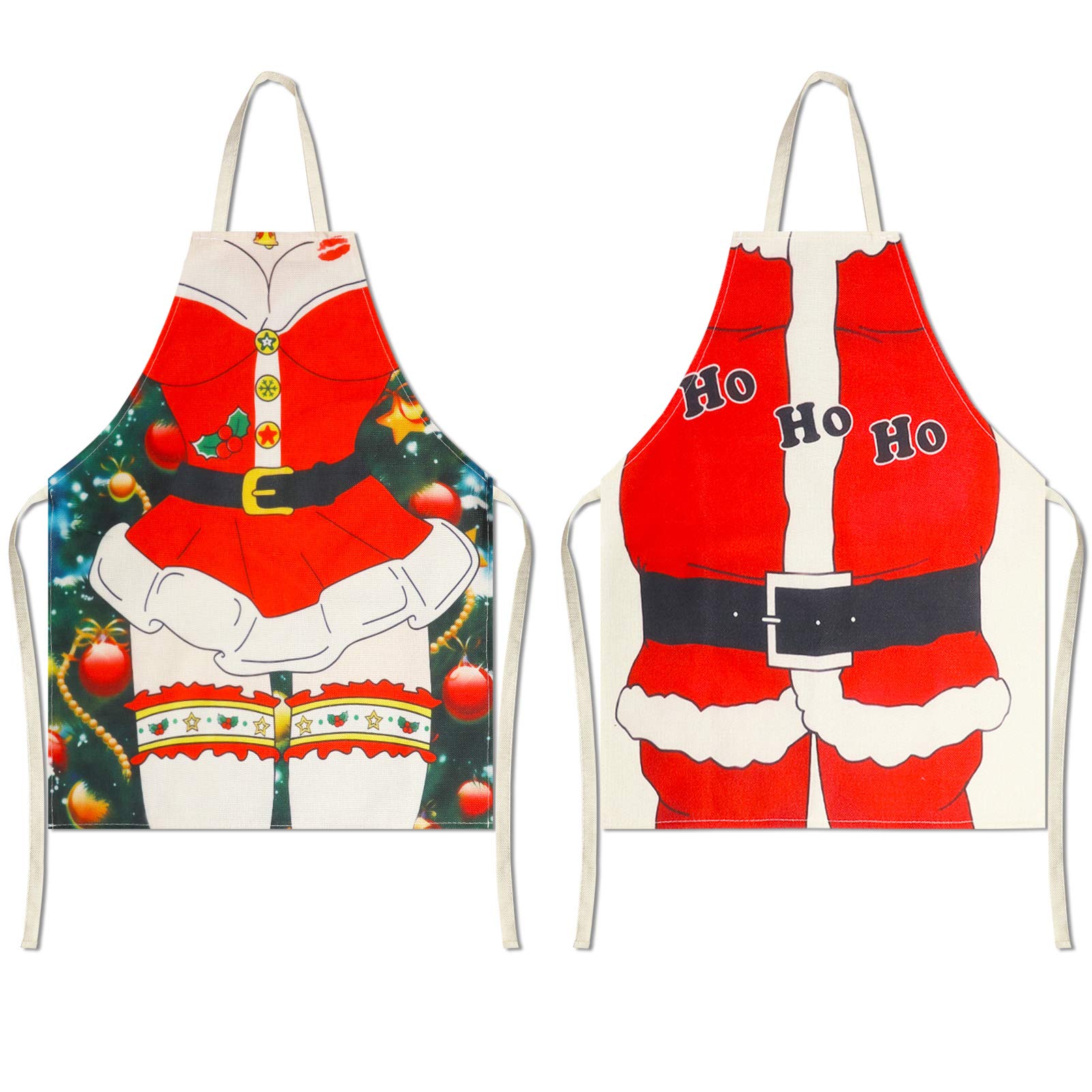 HOWAF 2pcs Lino Delantales de Navidad para Mujer Hombre Cocina Delantales, Sexy Delantal de Papá Noel Navidad para Adultos Divertido Cena Familiar Cocinando Barbacoa Coqueta Vestido de Navidad