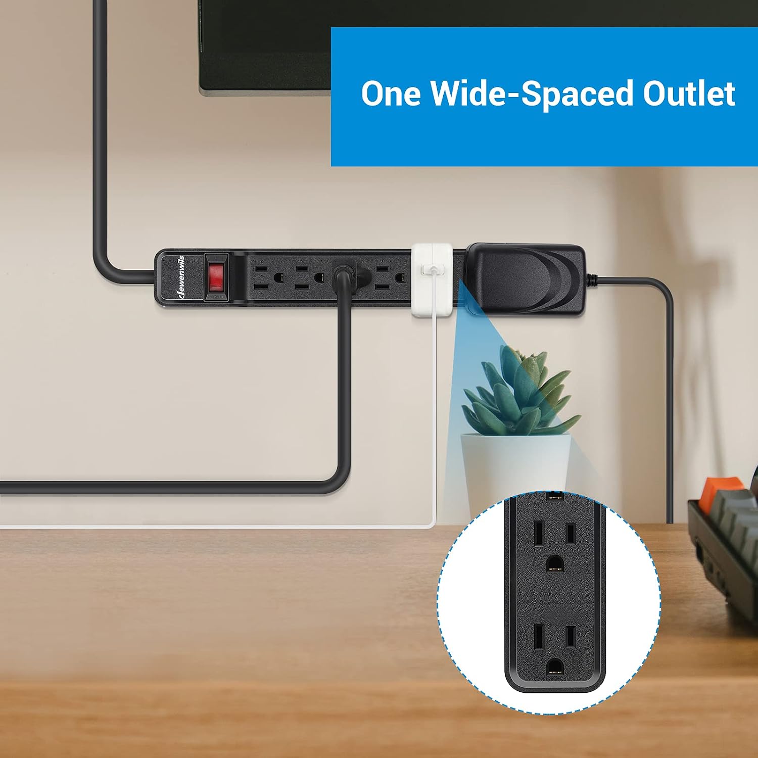 DEWENWILS Surge Protector Power Strip, 12FT Extension Cord with Flat Plug, 6-Outlet Includes 1-Wide-Spaced Socket, 500J Surge Protection, 15A Circuit Breaker, Wall Mountable, UL Listed, Black