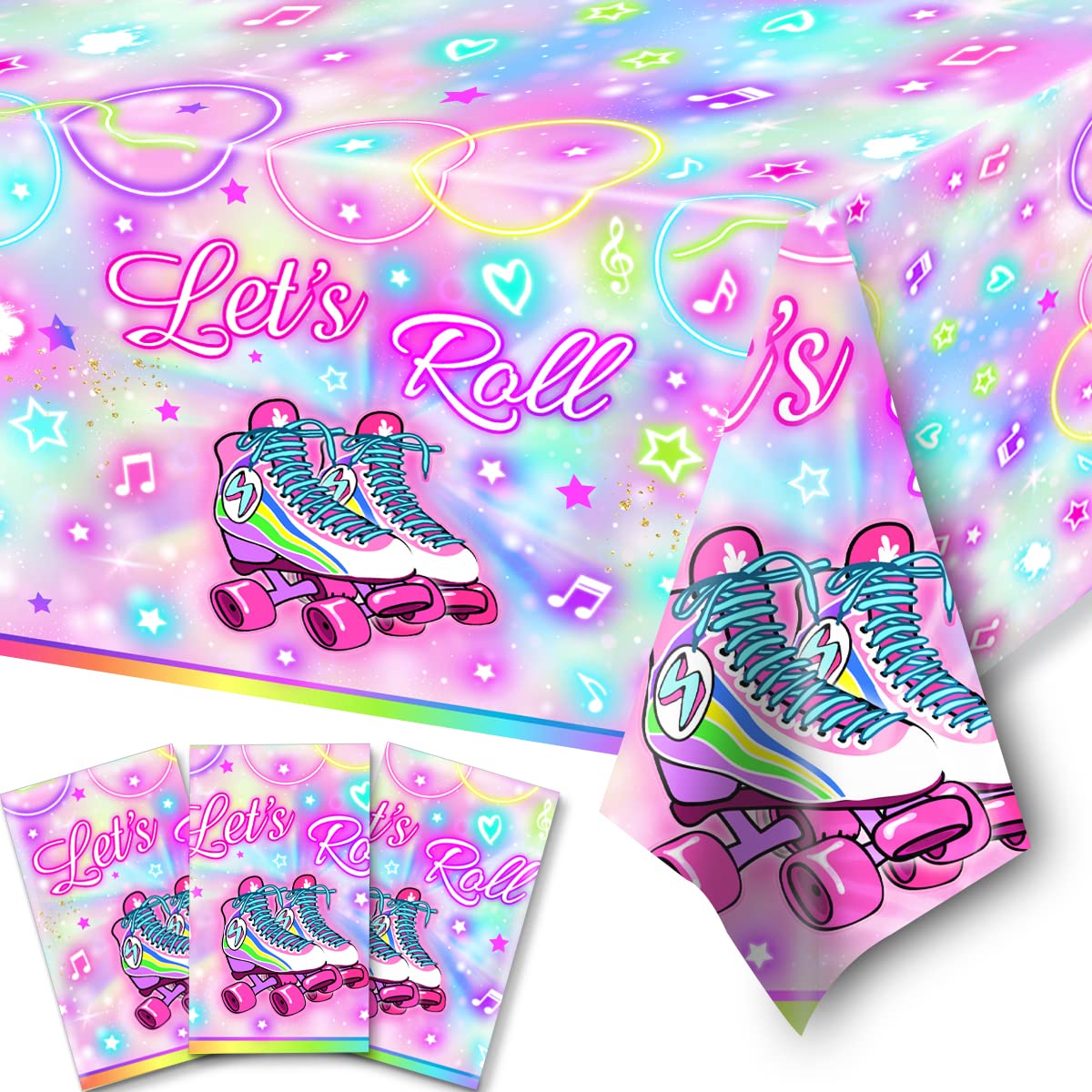 GREHUMOR 3pcs Roller Skating Table Covers Roller Skater Birthday Party Decorations Skate Table Covers Let's Roll Colorful Tablecloth Roller Skating