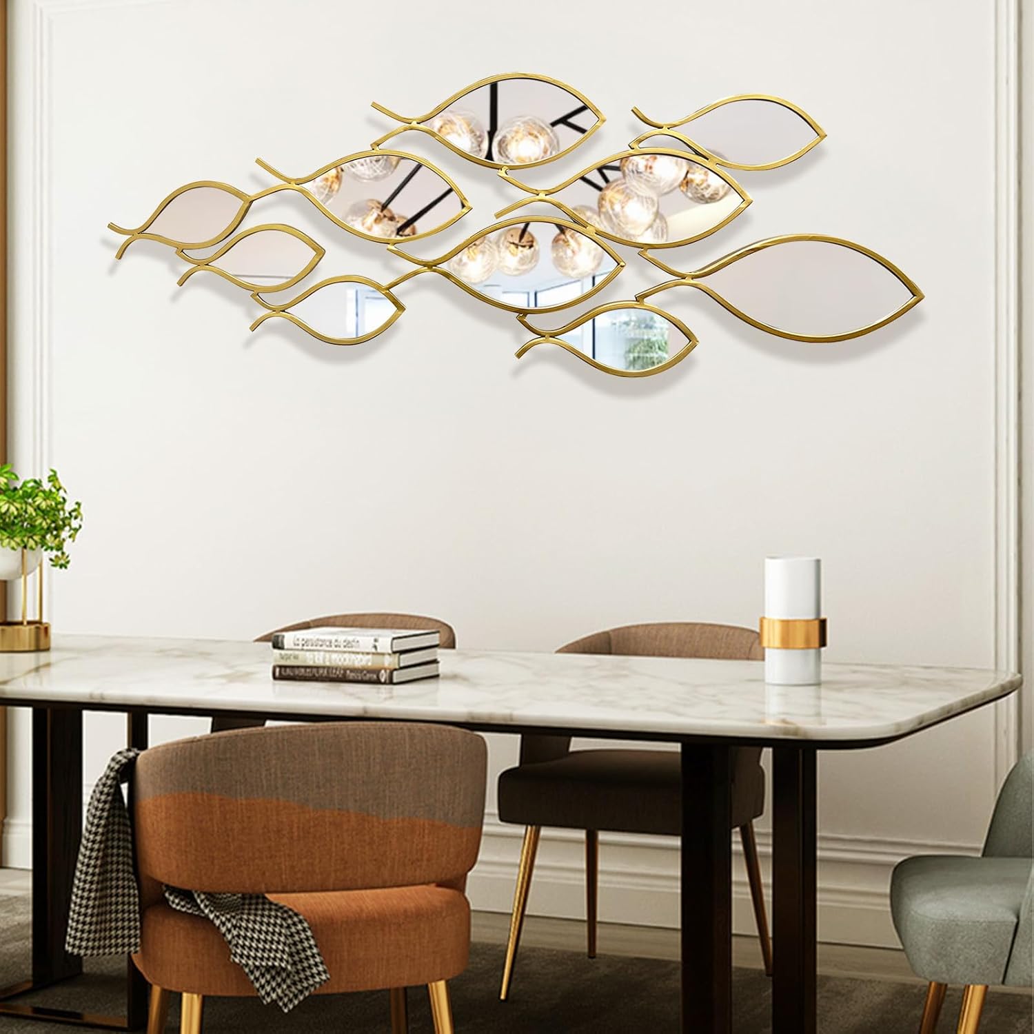 BECHAEO 3D Coastal Large Metal Fish Mirror Wall Decor 41"x 15" Fish Decorative Mirror Sculpture Gold Metal Wall Art Ocean Deco for Living Dining Room Bathroom Bedroom Entryway