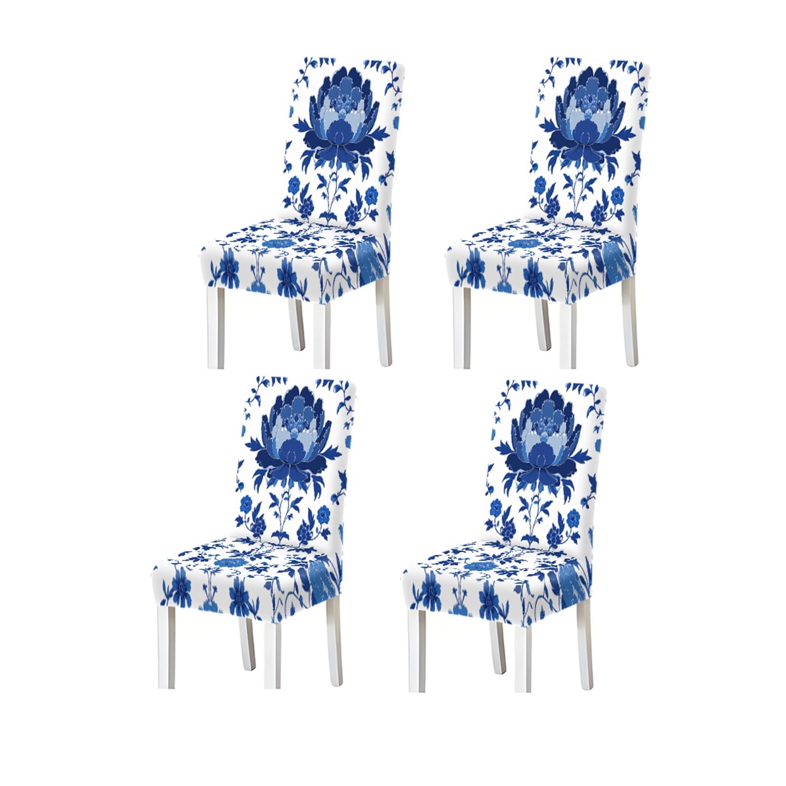 KXUAUV Blue And White Porcelain Peony Floral Pattern Print Dining Chair Covers Set Of 2/4/6, Stretch Slipcovers For Kitchen Dining Room Seat Protectors for Restaurant Hotel Party(4PCSChair cover)
