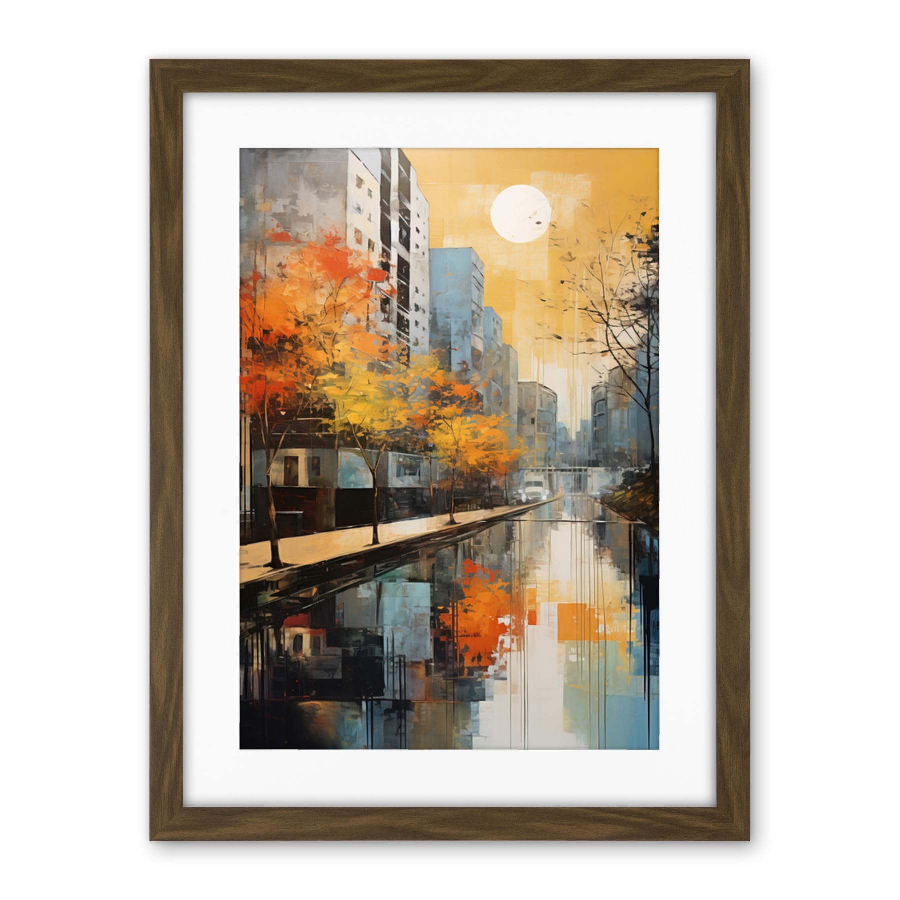 Artery8 Cityscape River Canal Oil Painting Blue Orange Trees Autumn in the City Artwork Framed Wall Art Print 18X24 Inch