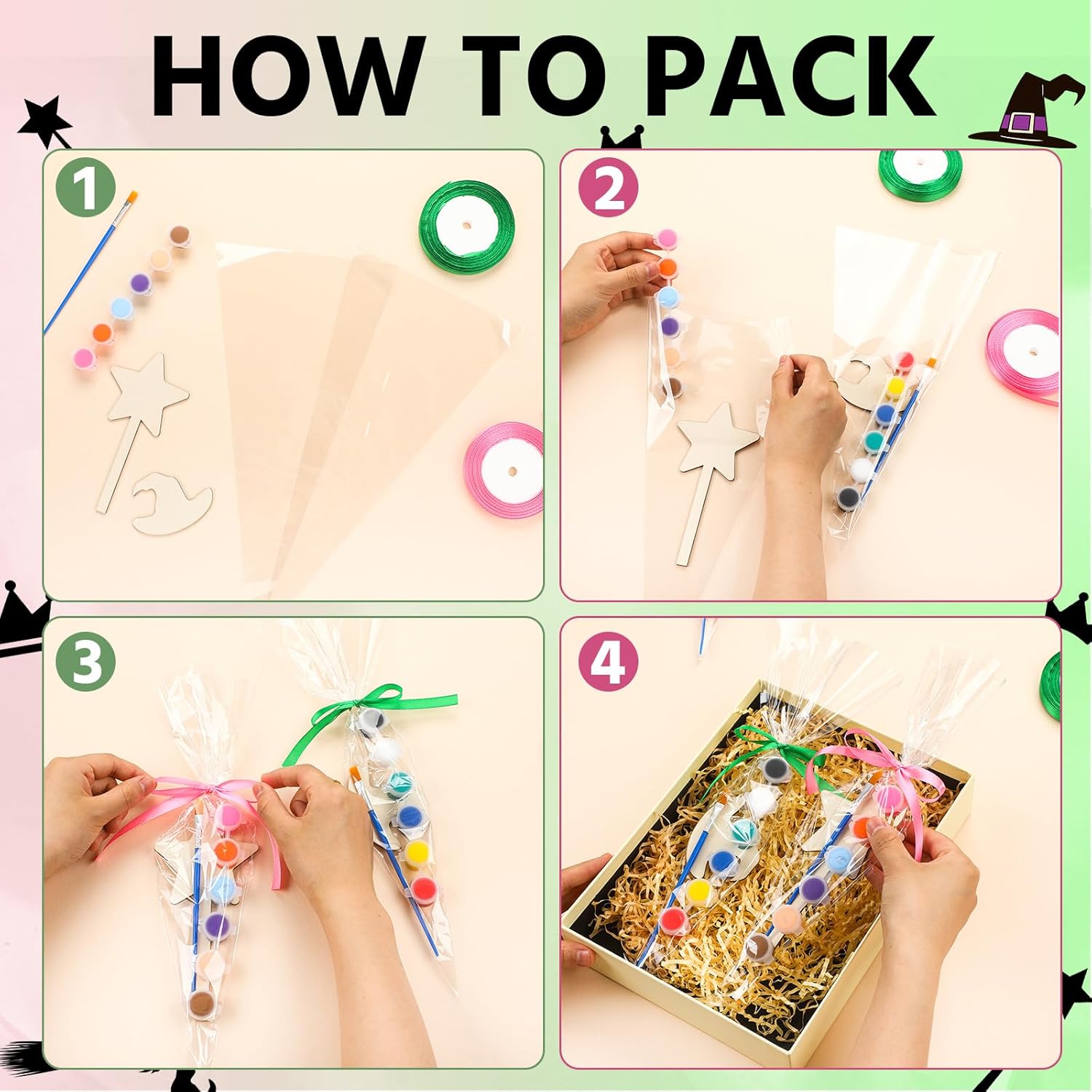 12 Sets Paint Your Own Witch Party Favors Pink and Green Princess Party Supplies DIY Wood Painting Craft Kit Witch Hat and Star Magic Wand Color Your Own Art Craft for Birthday Gifts