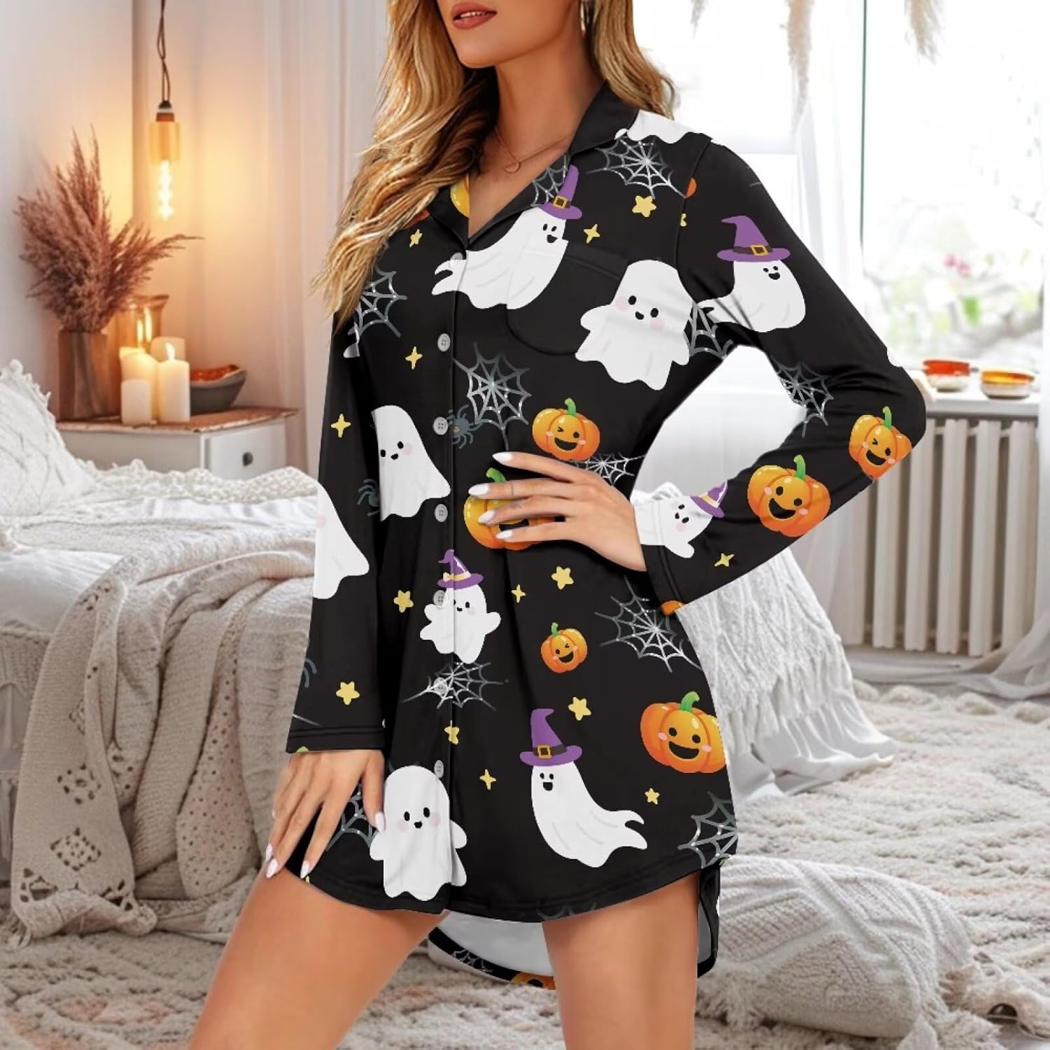 Halloween Women's Pajama Sets 2 Piece Sleepwear Loungewear Button Down Long Sleeve PJ Set V Neck Casual Nightwear