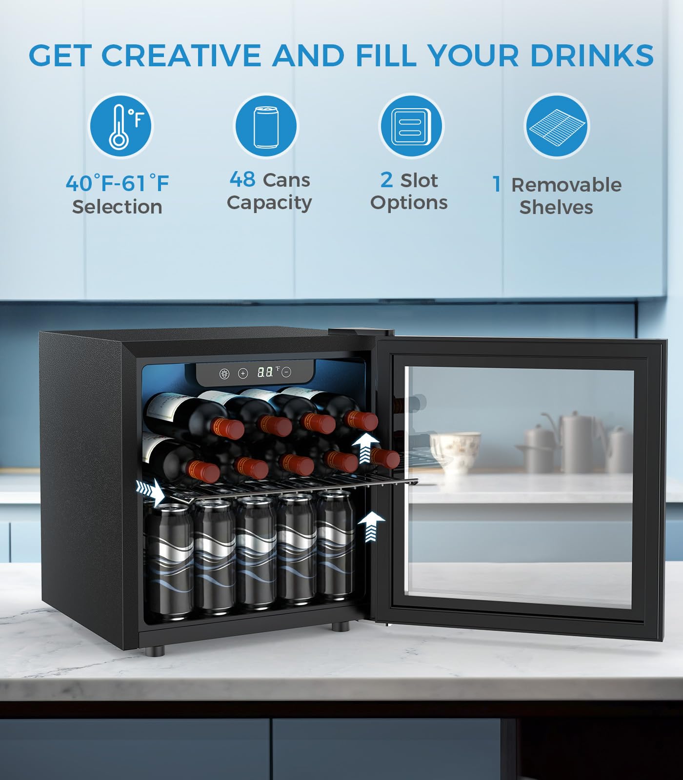 Electactic 48 Can Beverage Refrigerator Mini Fridge Cooler Glass Door For Beer Soda Or Wine, Small Drink Cooler Machine LED Temperature Control For Bar Home, Office 1.3cuft on Fridge.com - View 3