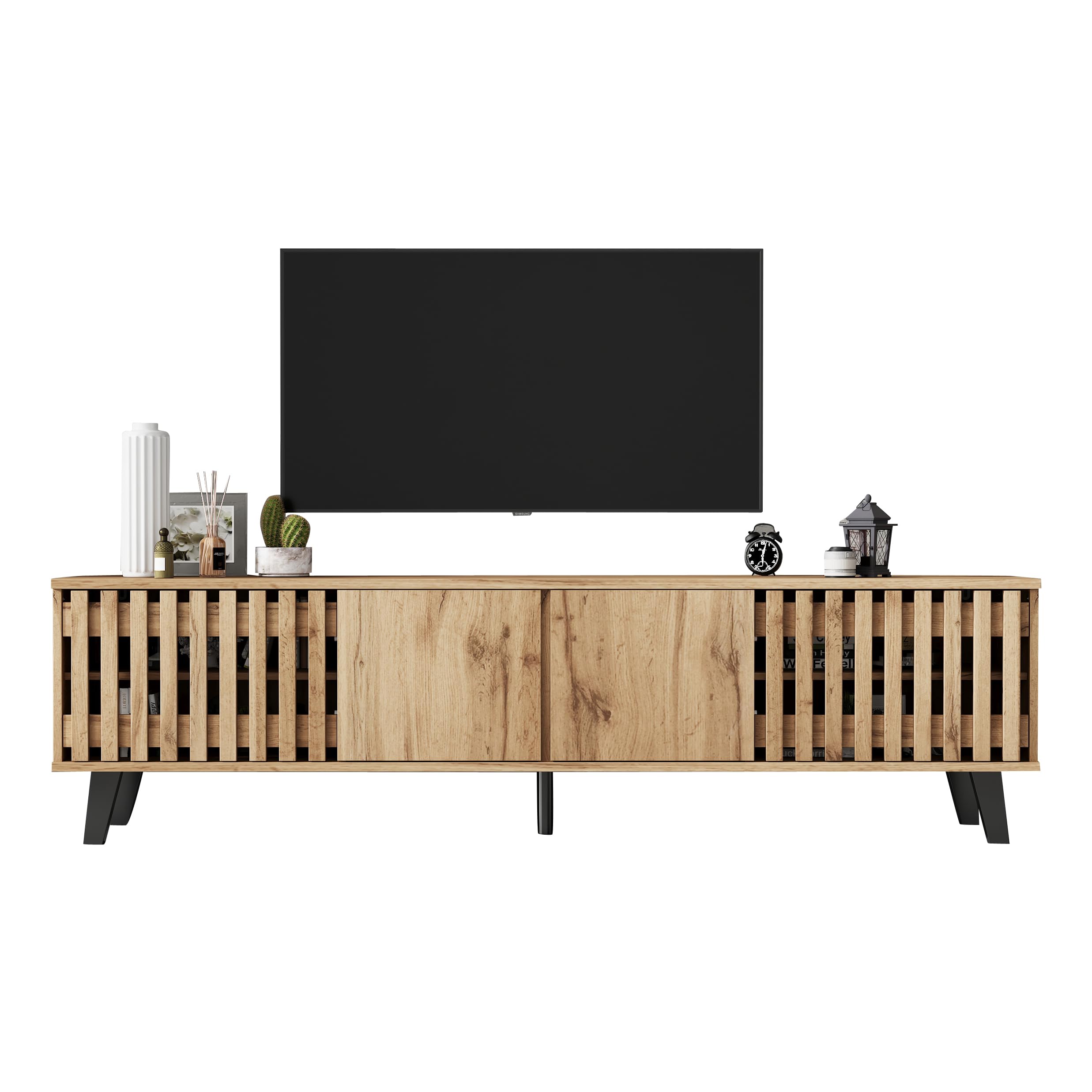 Merax TV Schrank 180cm, Fernsehtisch, Lowboard mit 4 Schränken für 70-Zoll-Fernseher, Durchbrochene Schranktüren, TV Kommode, HiFi-Schrank für Wohnzimmer/Schlafzimmer, Landhausstil, Original Holzfarbe